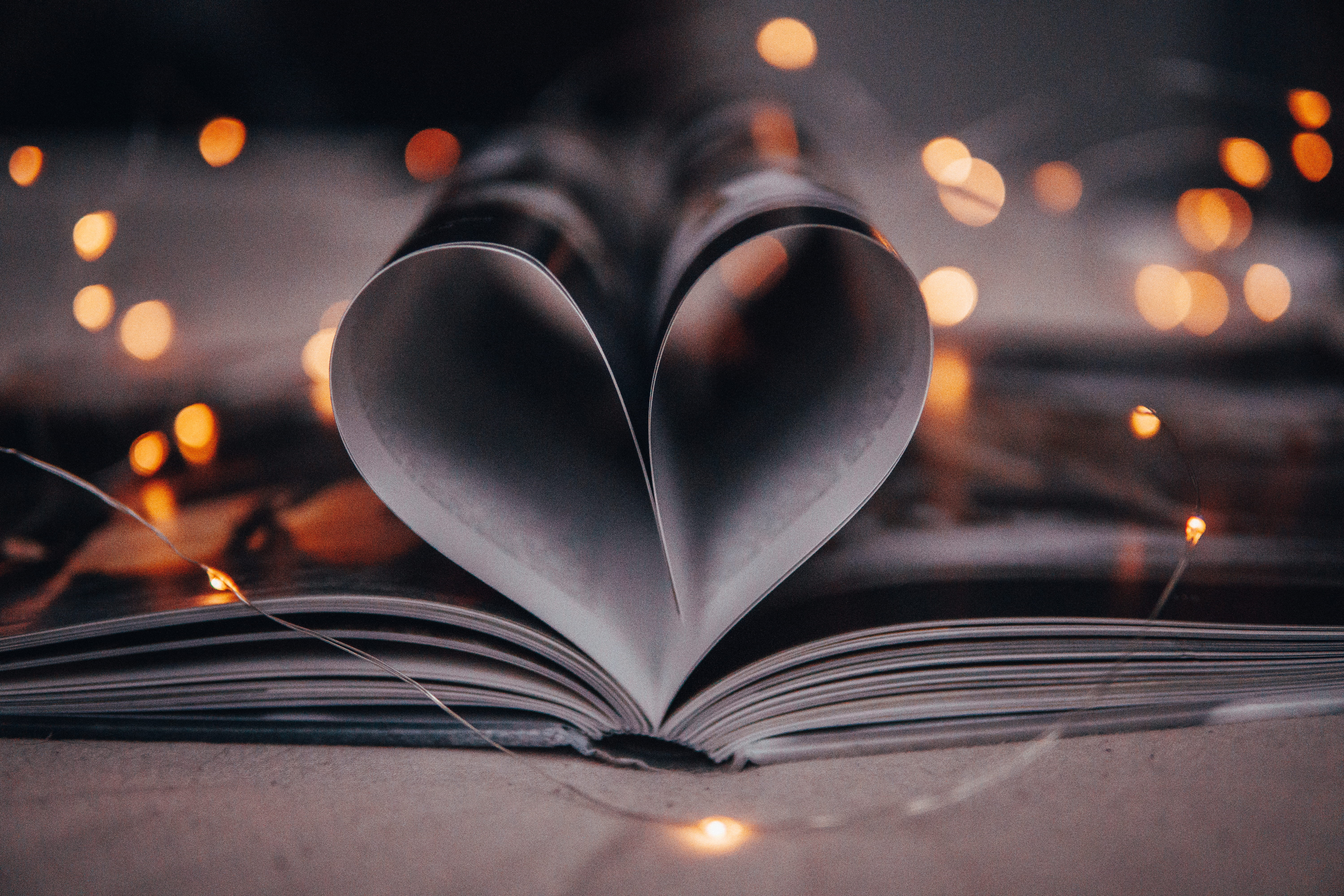 bokeh, lowlight, light, dark, night, no people, books, illuminated, holiday - event, focus on foreground, blossom, 5K, heart shape, creativity, petal, HD Wallpaper