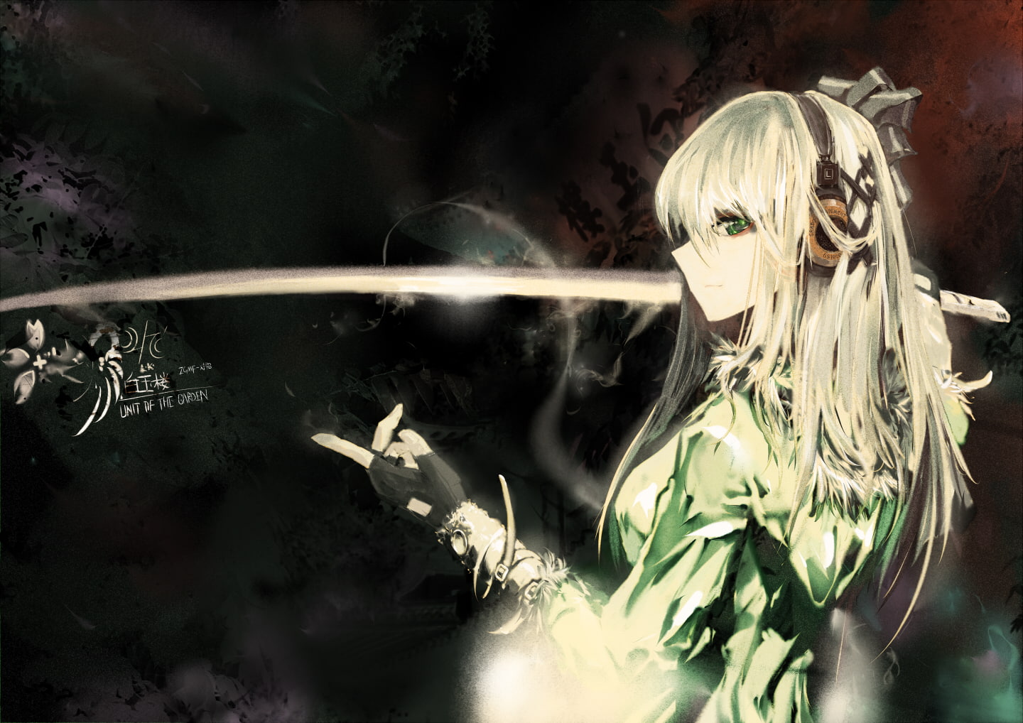 touhou, weapon, youmu, sword, long, eyes, green, kirilenko, katana, blonde, gloves, lowlight, headphones, 720P, hair, konpaku, HD Wallpaper