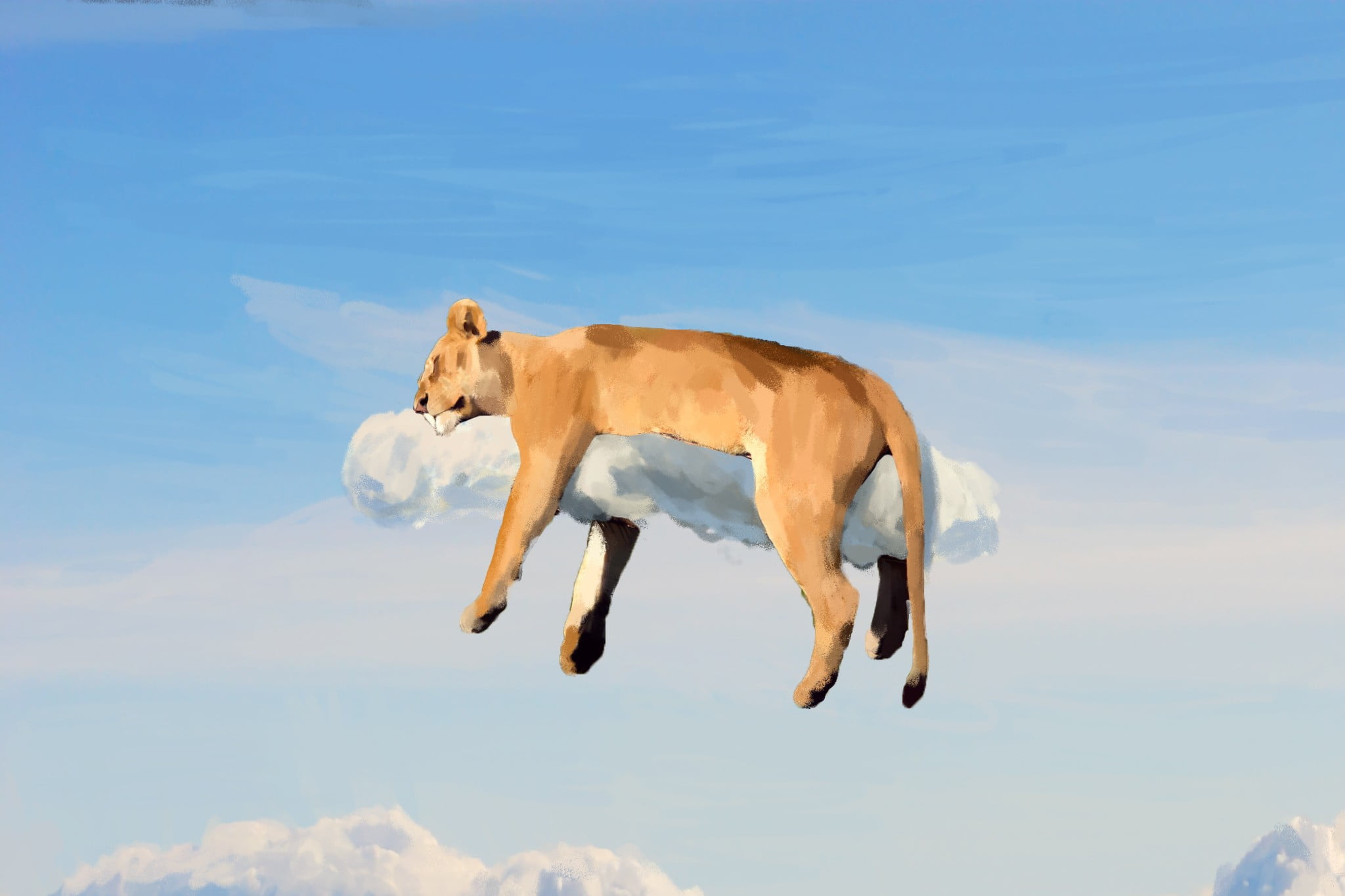 clip, digital, domestic, illustration, domestic animals, cute, lioness, sky, mid-air, dog, art, 1080P, towel, digital art, cloud - sky, herbivorous, cyan, HD Wallpaper