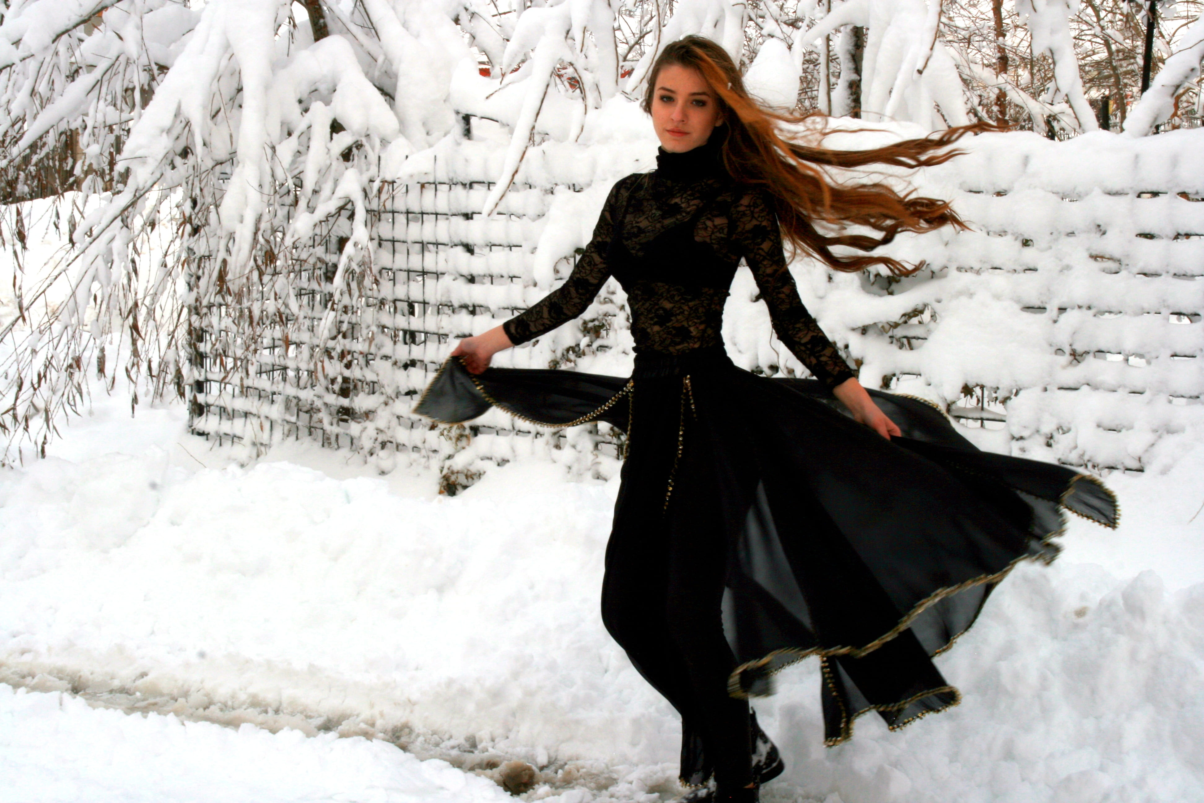 hairstyle, snow, dress, cold temperature, portrait, outdoors, black, white color, one person, young adult, hair, clothing, winter, lifestyles, beauty, wind, HD Wallpaper