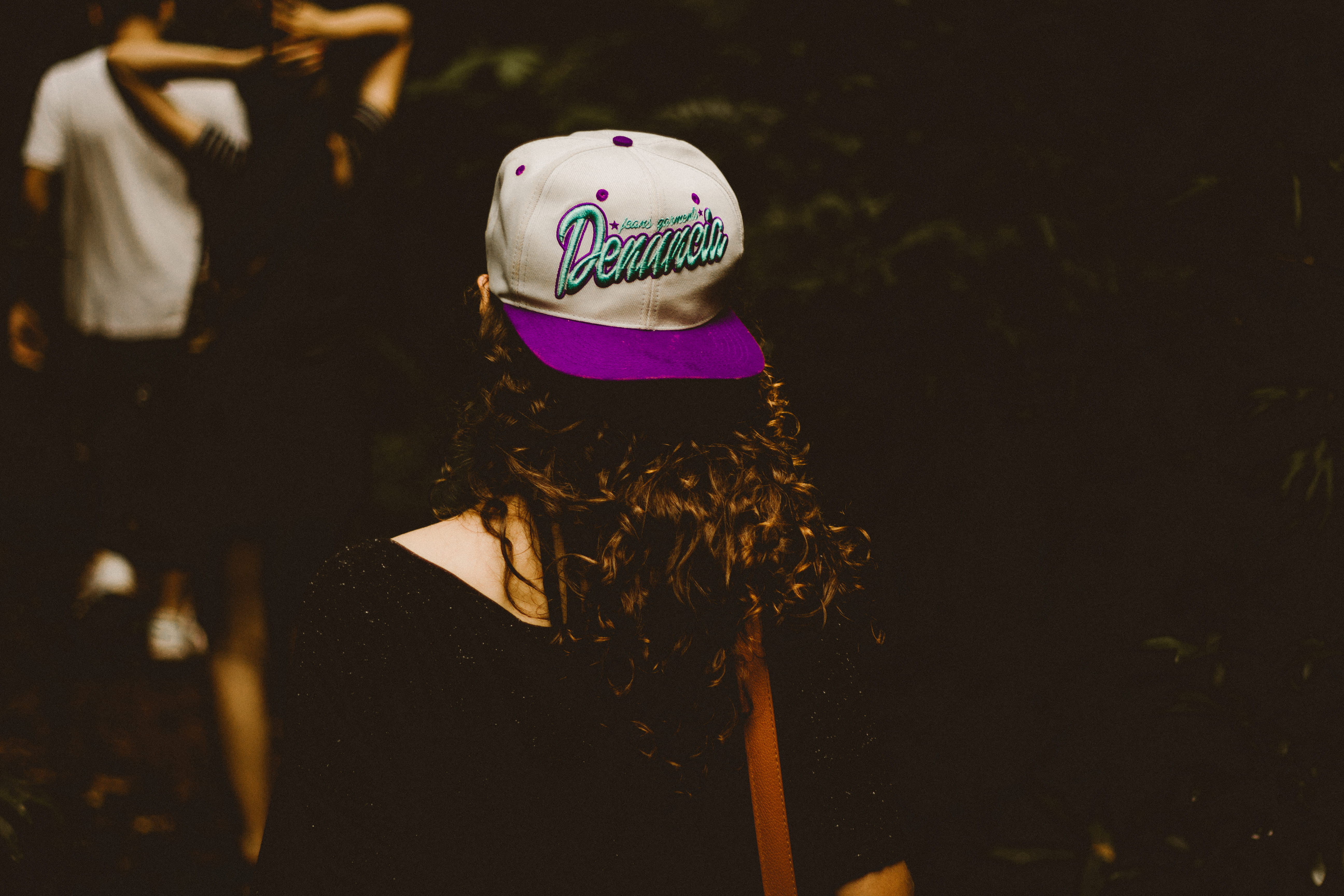 focus on foreground, white, women, leisure activity, wearing, cap, fitted, long hair, purple, oh, portrait, lady, headshot, standing, rear view, brimmed, HD Wallpaper