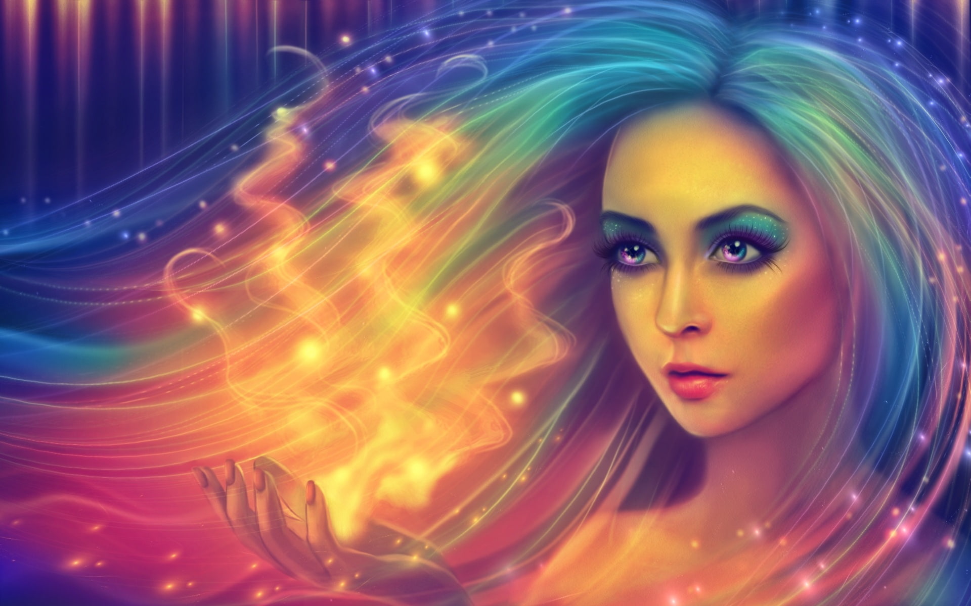 woman, 1080P, graphics, hair, Aurora, hands, light, Girl, green, pink, magic, Fantasy, HD Wallpaper