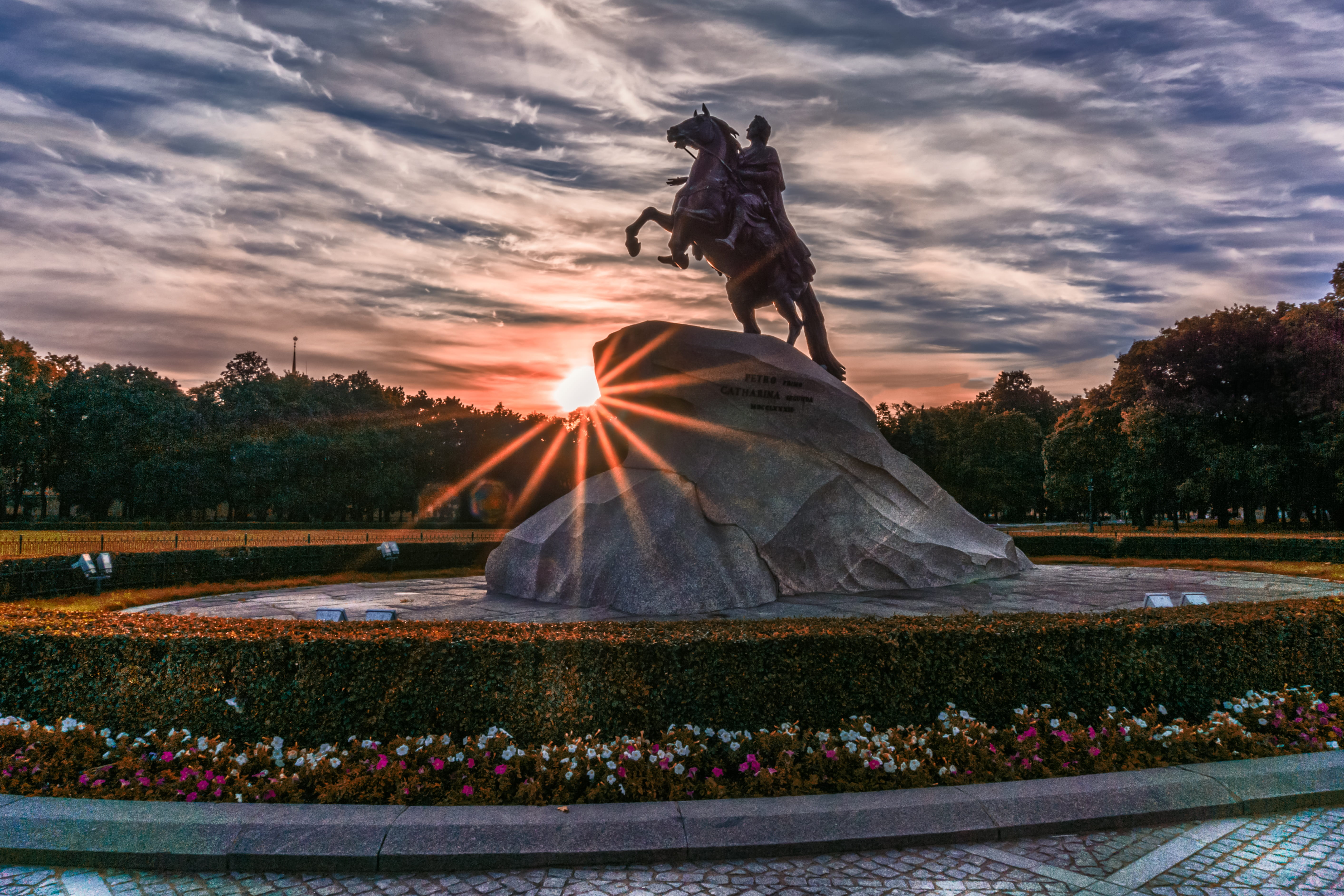 sunny, beauty in nature, famous, cloud - sky, tourism, tree, sunset, human representation, landscape, city, architectural, culture, representation, St Petersburg, HD Wallpaper