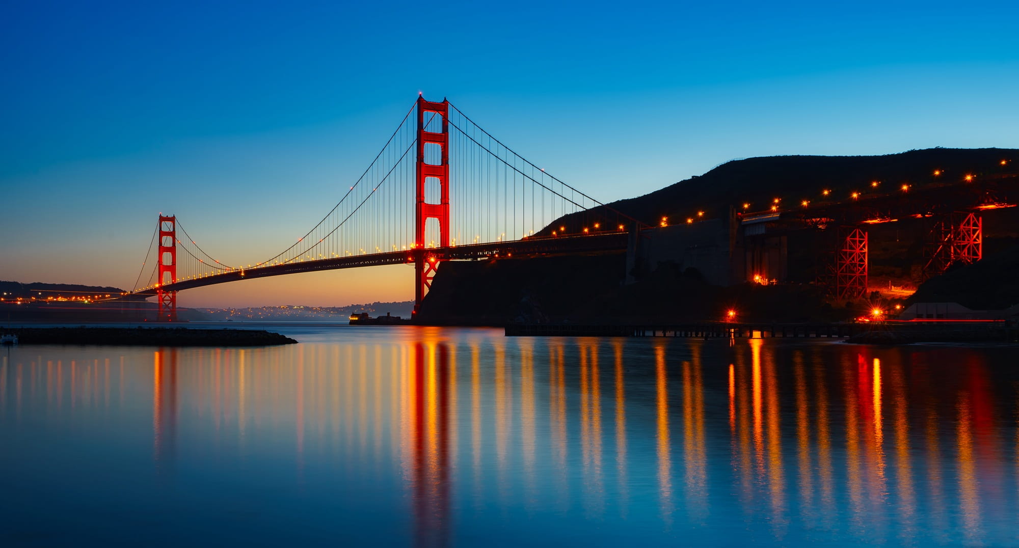 travel, 1080P, modern, glow, building exterior, city, bridge - man made structure, travel destinations, architecture, san francisco, dawn, golden gate bridge, HD Wallpaper