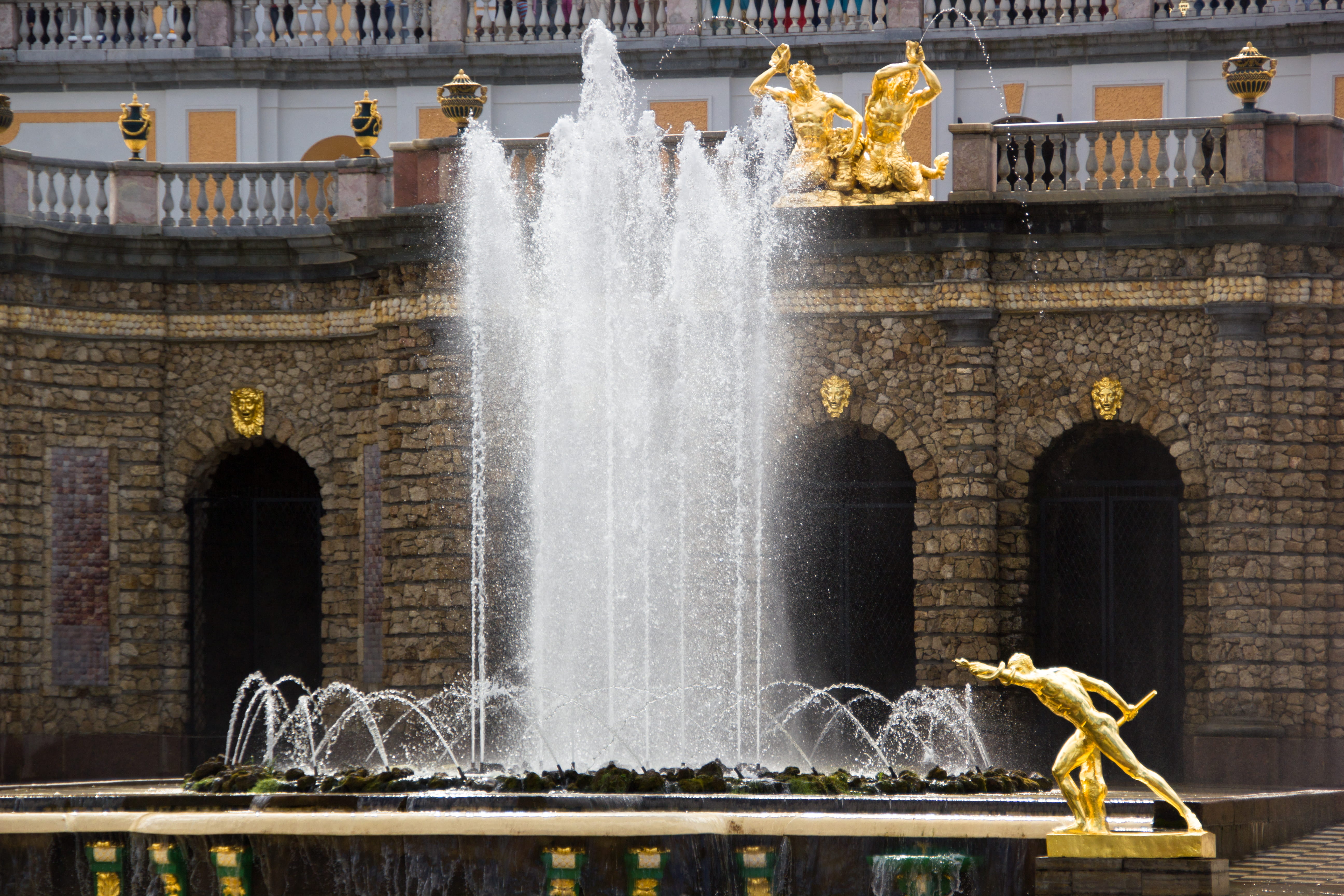 waterfall, park, blurred motion, peter, flow, large, outdoors, fountain, spb, russian, motion, nature, built structure, gold, figure, day, flowing, long exposure, HD Wallpaper