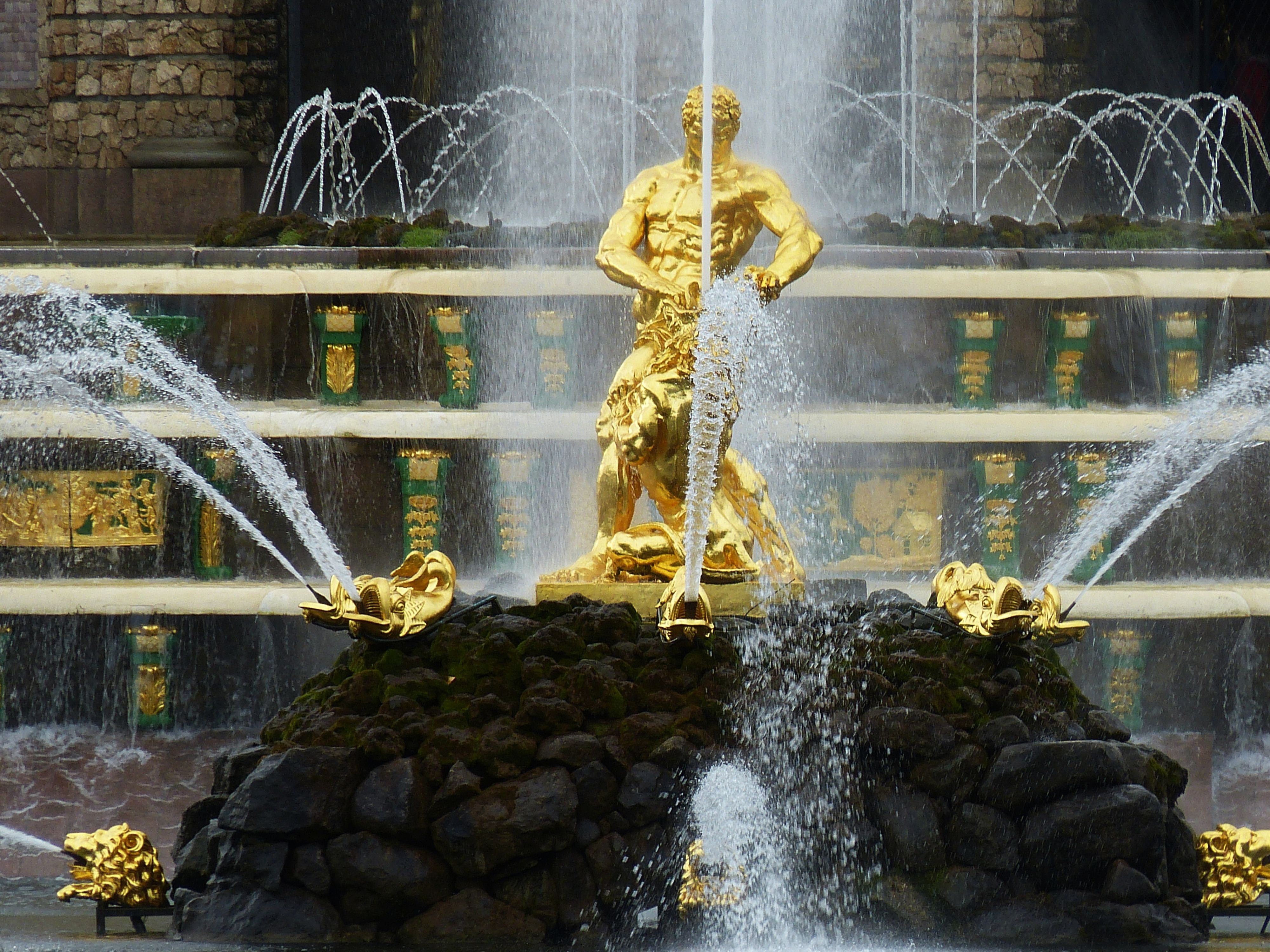 peterhof, day, splashing, no people, outdoors, fountain, built structure, representation, castle, falling water, long exposure, statue, petersburg, golden, HD Wallpaper