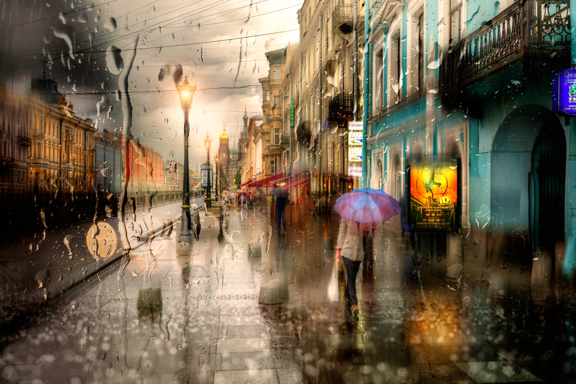 blue, drops, the beginning of the autumn rains, illustration, Saint Petersburg, girl, 1080P, umbrella, pink, HD Wallpaper