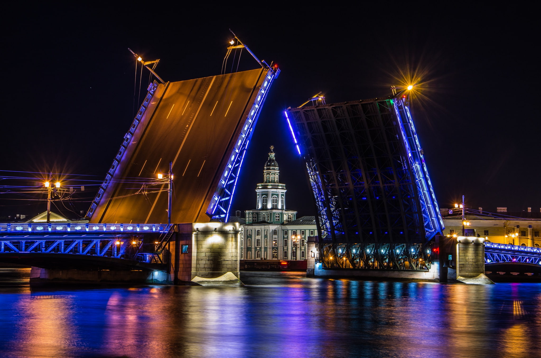bridge, 1080P, night, lights, Saint Petersburg, HD Wallpaper