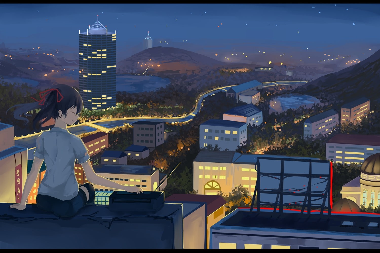 720P, lights, anime, building, night, rooftops, city, girls, anime girls, HD Wallpaper