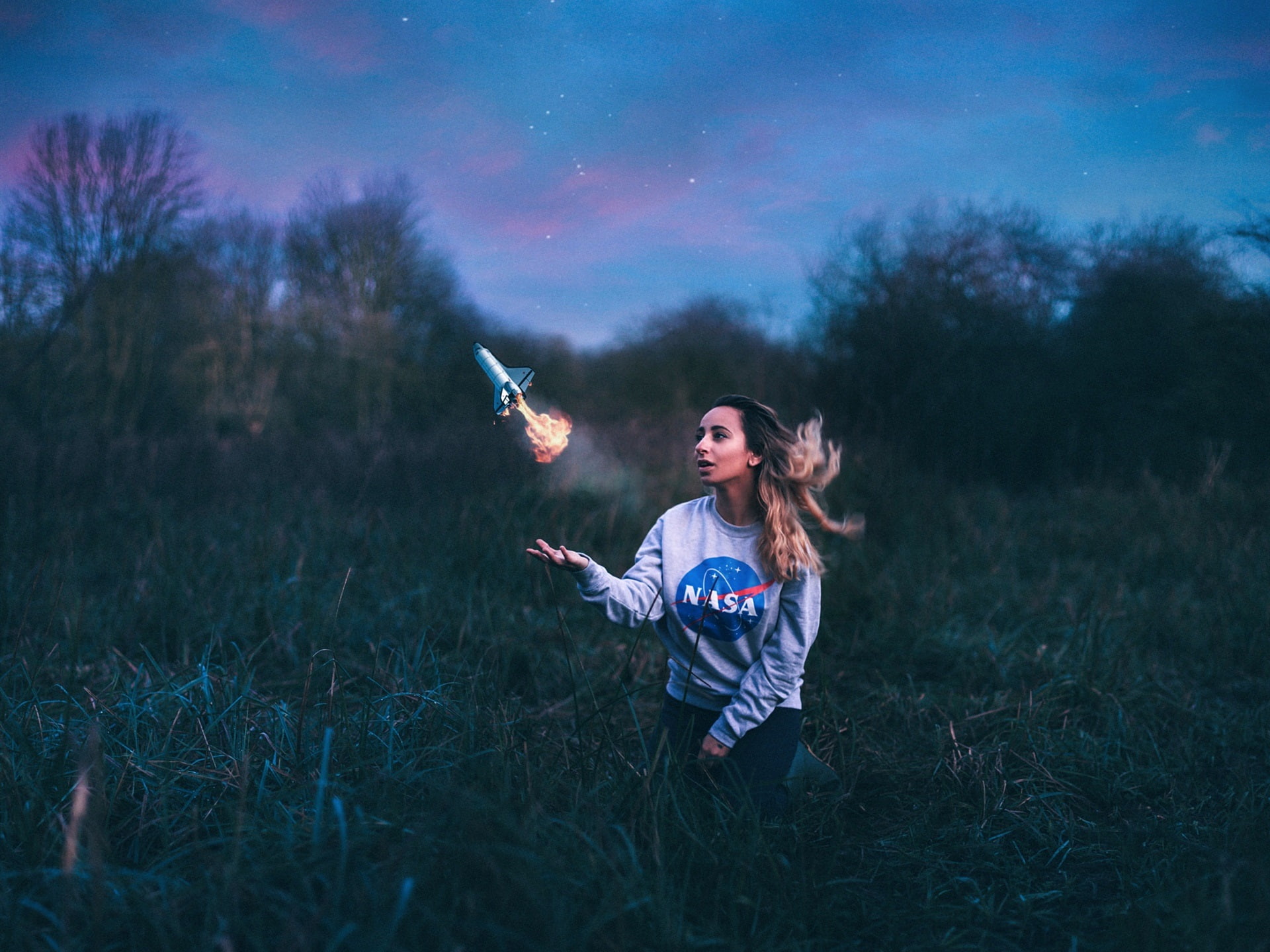 Design, Night, Grass, Amy, Creative, 1080P, Spaceship, Spanos, HD Wallpaper