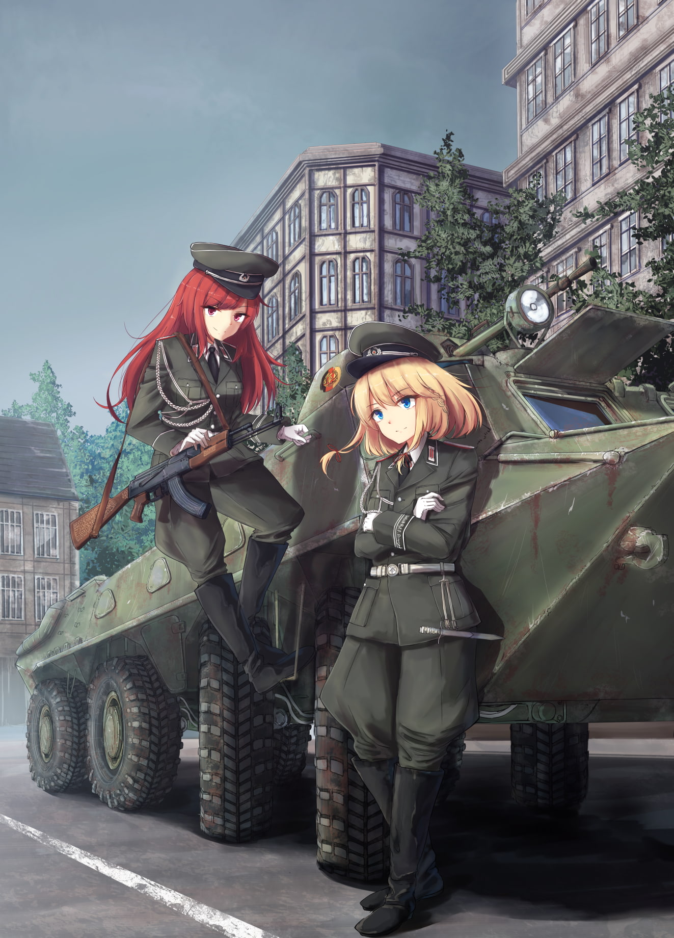 blue eyes, redhead, uniform, gun, blonde, BTR-70, long hair, pink eyes, 720P, anime girls, short hair, weapon, AK-47, anime, Phone HD Wallpaper