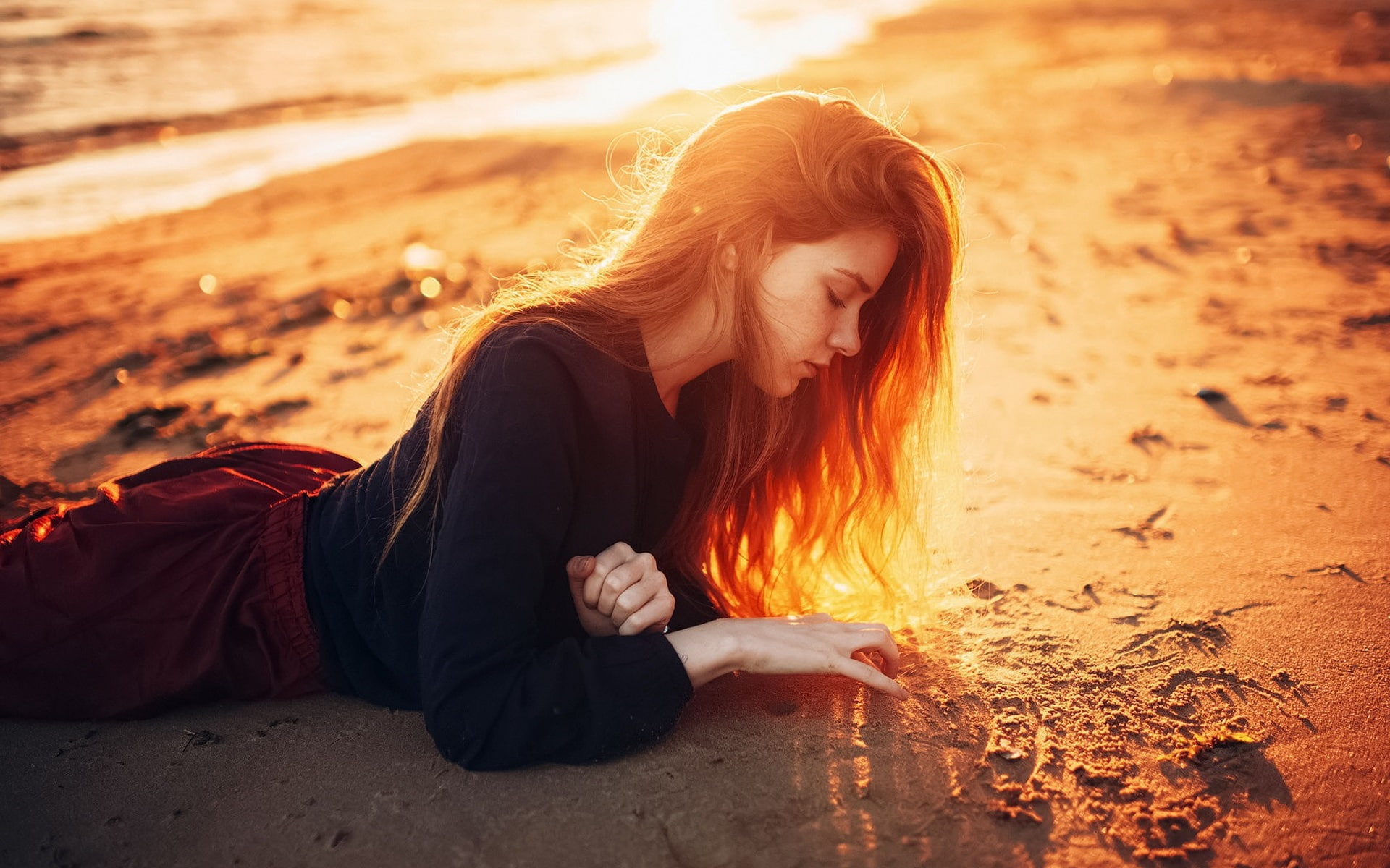 Long, Girl, Sunshine, Hair, Dusk, 1080P, Lying, Beach, HD Wallpaper
