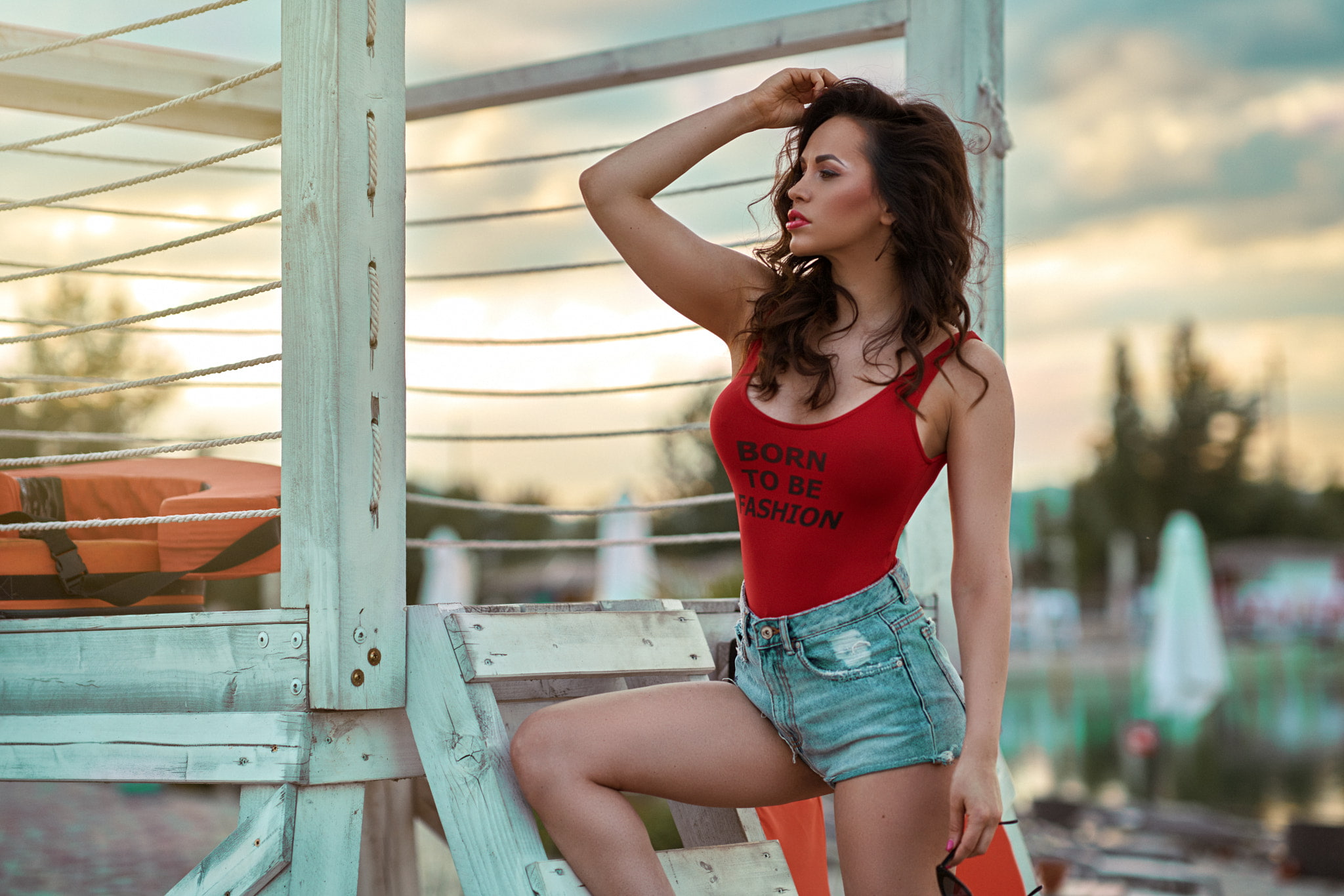 women, portrait, brunette, painted nails, sunglasses, 1080P, red lipstick, women outdoors, jean shorts, HD Wallpaper