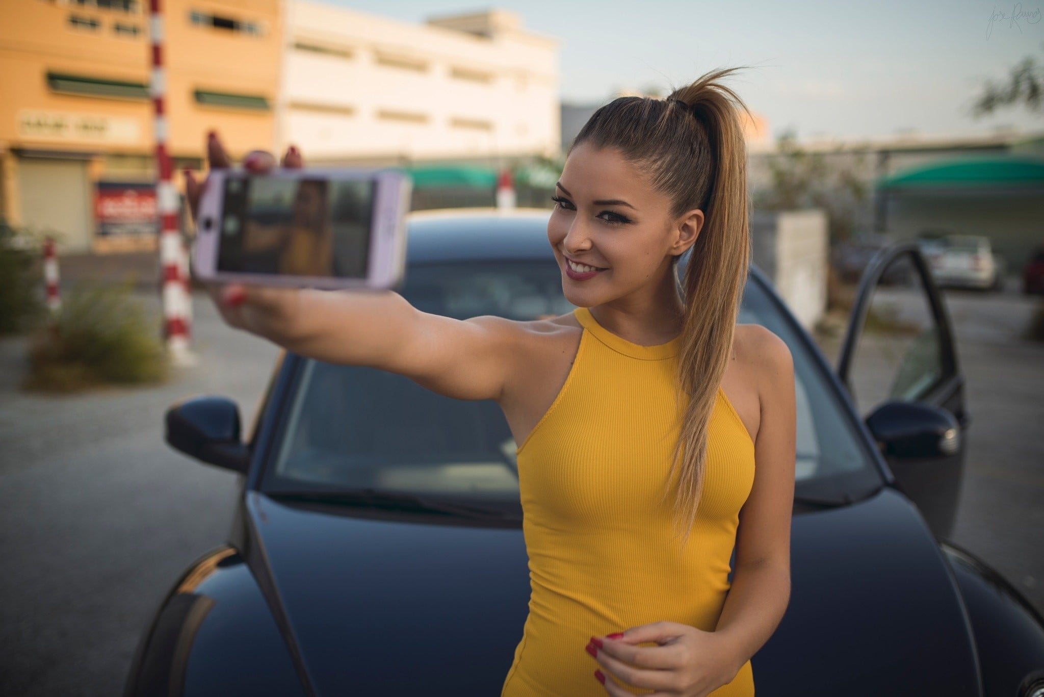 hairstyle, smiling, armpits, beautiful woman, lifestyles, red nails, holding, front view, young adult, technology, real people, photography themes, leisure activity, HD Wallpaper
