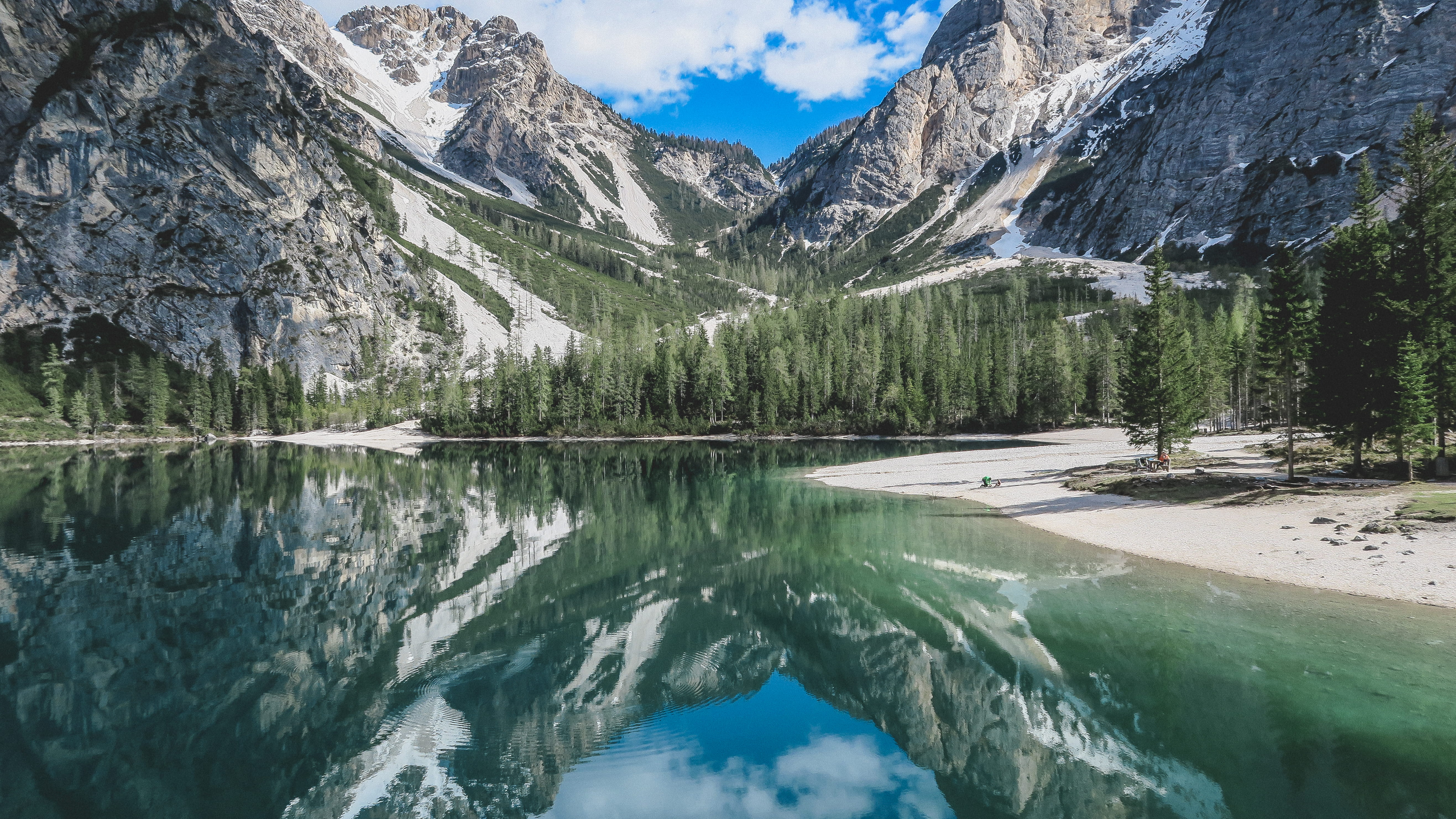 idyllic, forest, sand, peaceful, shore, mountain peak, mirror, pine tree, waterfront, water, nature, alpine, snow, relection, reflection, reflection lake, HD Wallpaper
