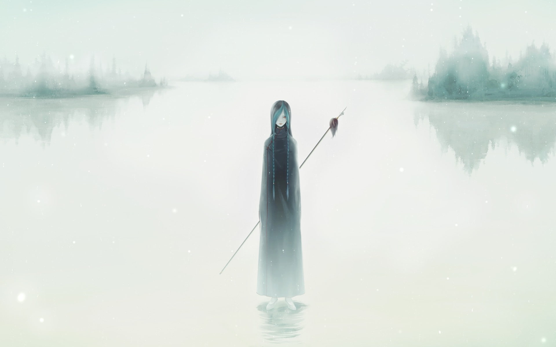 lake, standing, spear, braids, 1080P, mist, Shion (King of Fighters), King of Fighters, plait, snow, anime, blue hair, HD Wallpaper