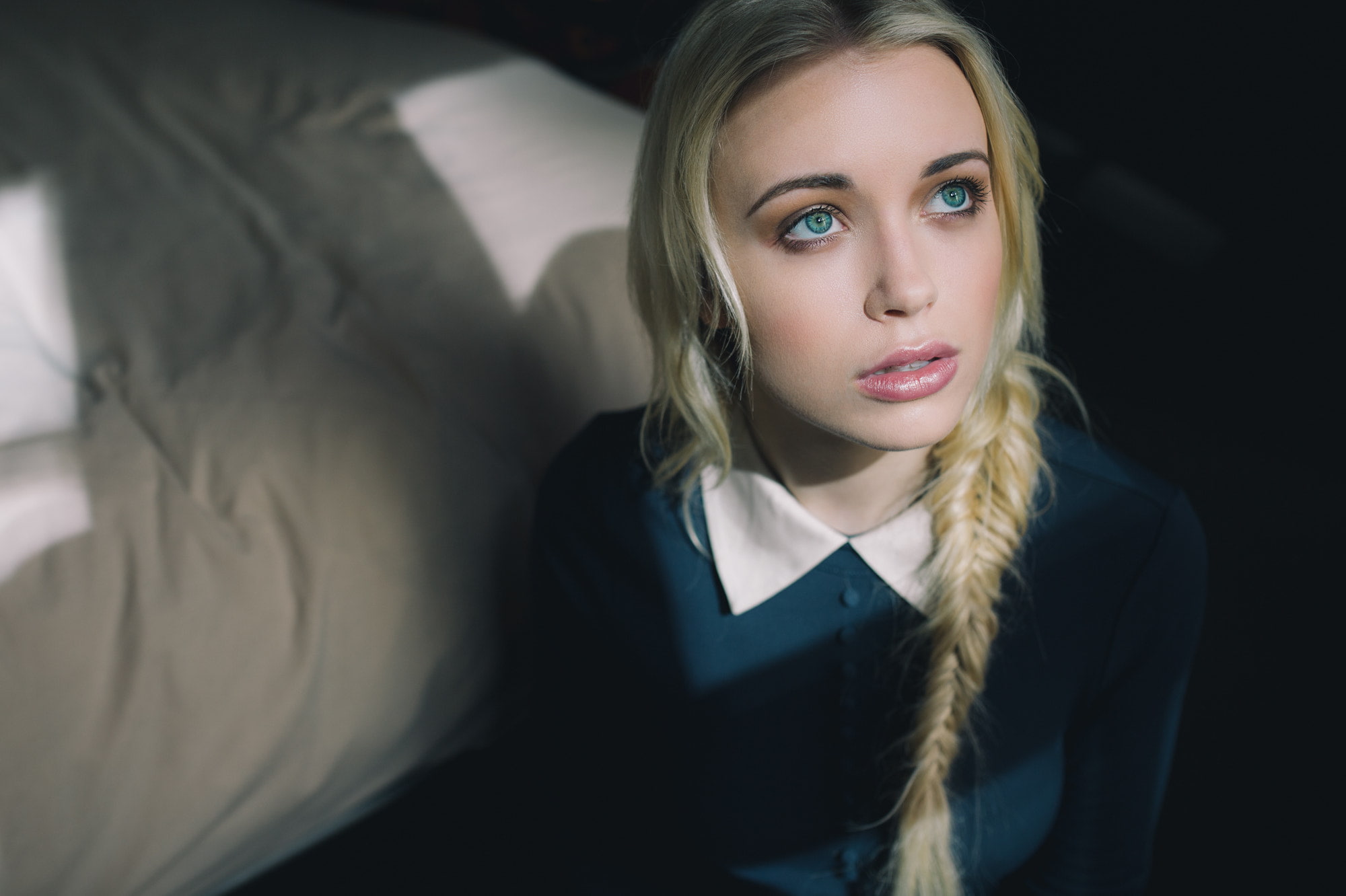 open mouth, plait, 1080P, Rob Sese, portrait, women, Ann Lowery, blue eyes, blonde, HD Wallpaper