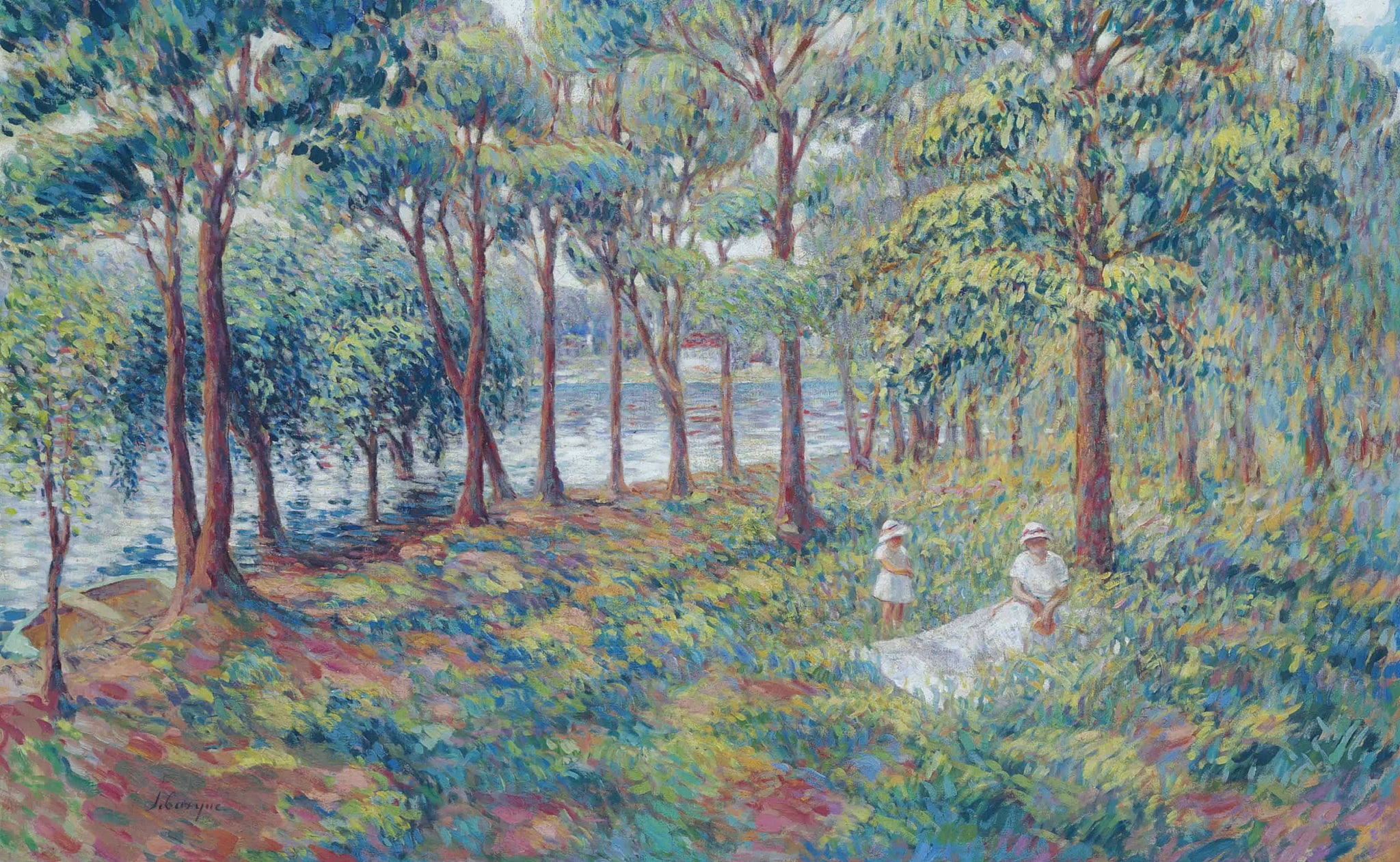 1080P, picture, trees, Henri Lebacq, river, Madame Lebasque and Daughter by the Marne, genre, landscape, HD Wallpaper