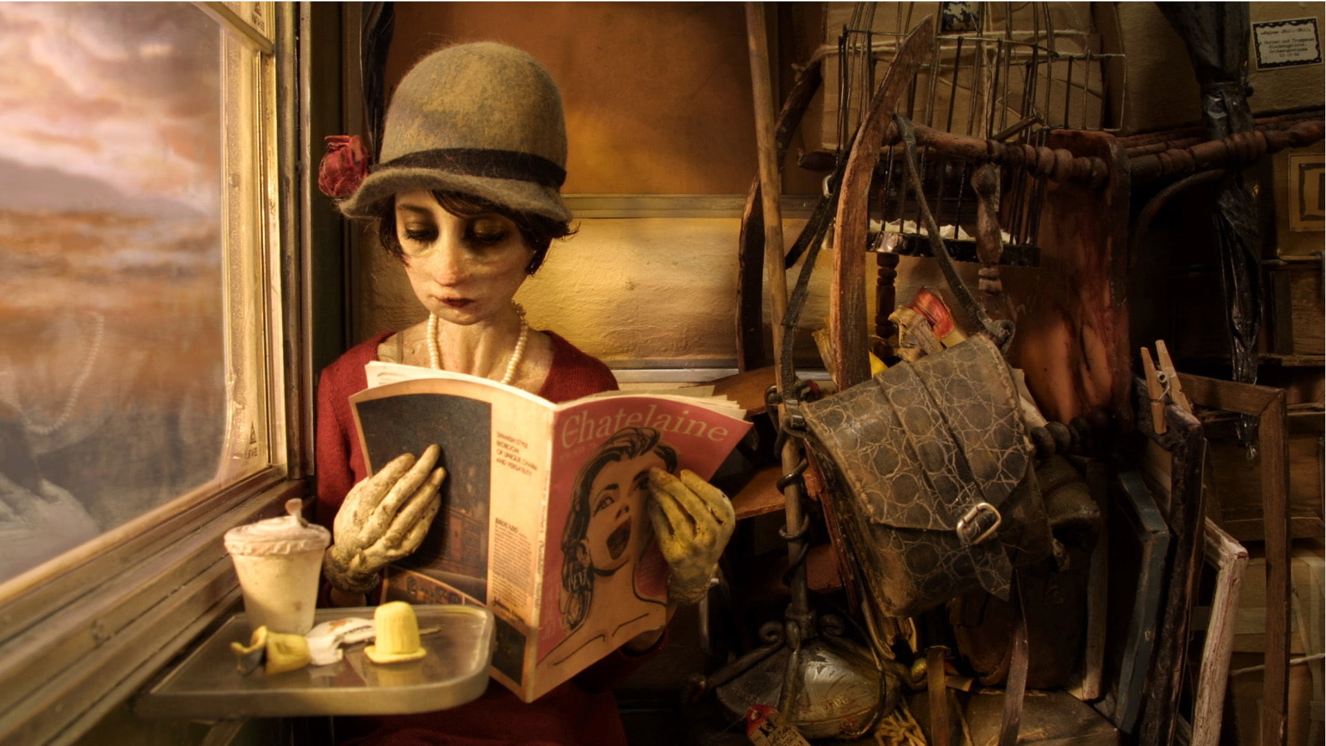 hat, 1080P, window, journal, girl, brown, Madame tutli-putli, bag, effect it, cartoon, HD Wallpaper