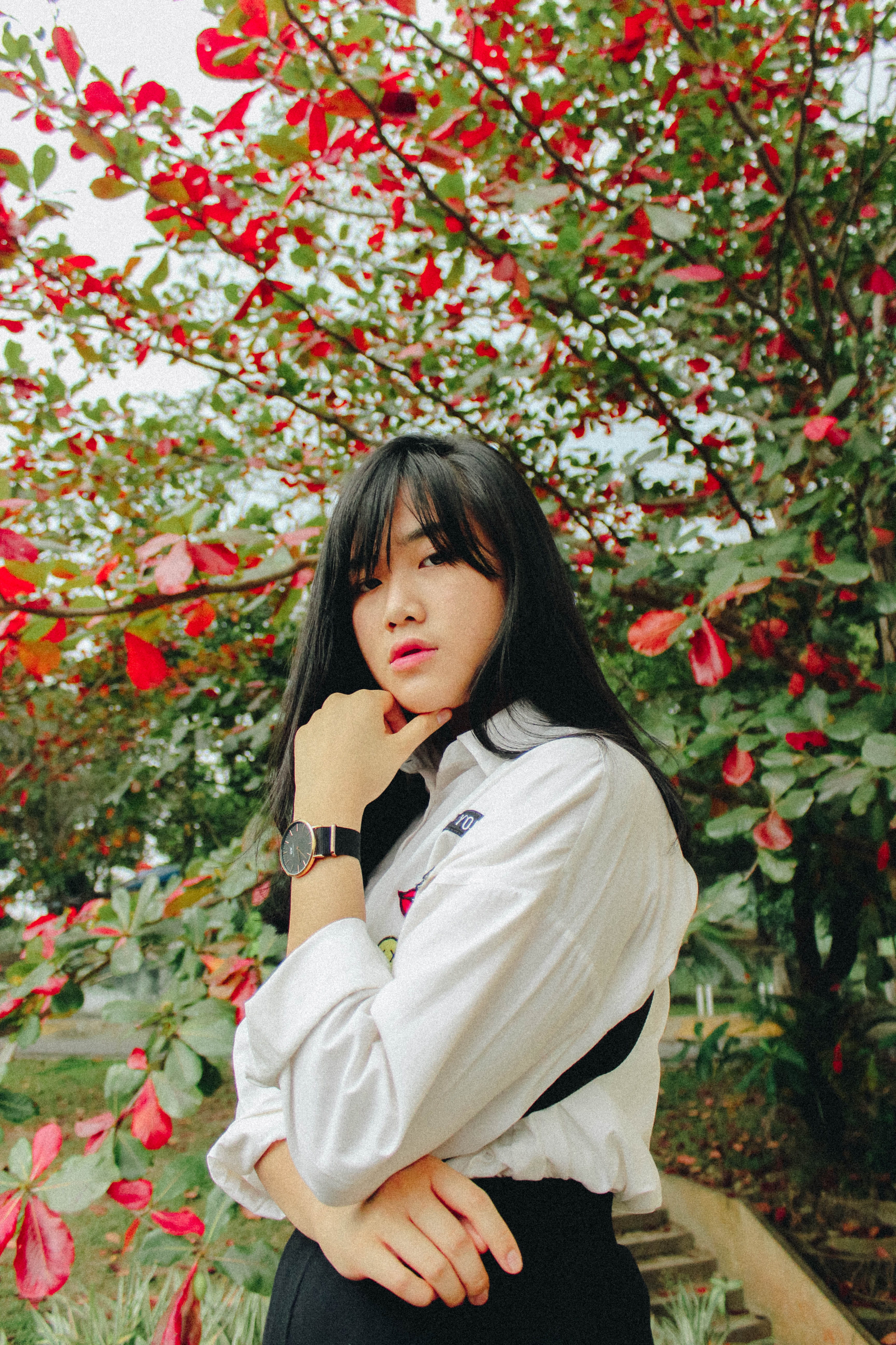 casual clothing, flowering plant, 5K, woman, indonesia, hair, contemplation, waist up, young adult, model, flower, adult, summer, long hair, plant, women, Phone HD Wallpaper