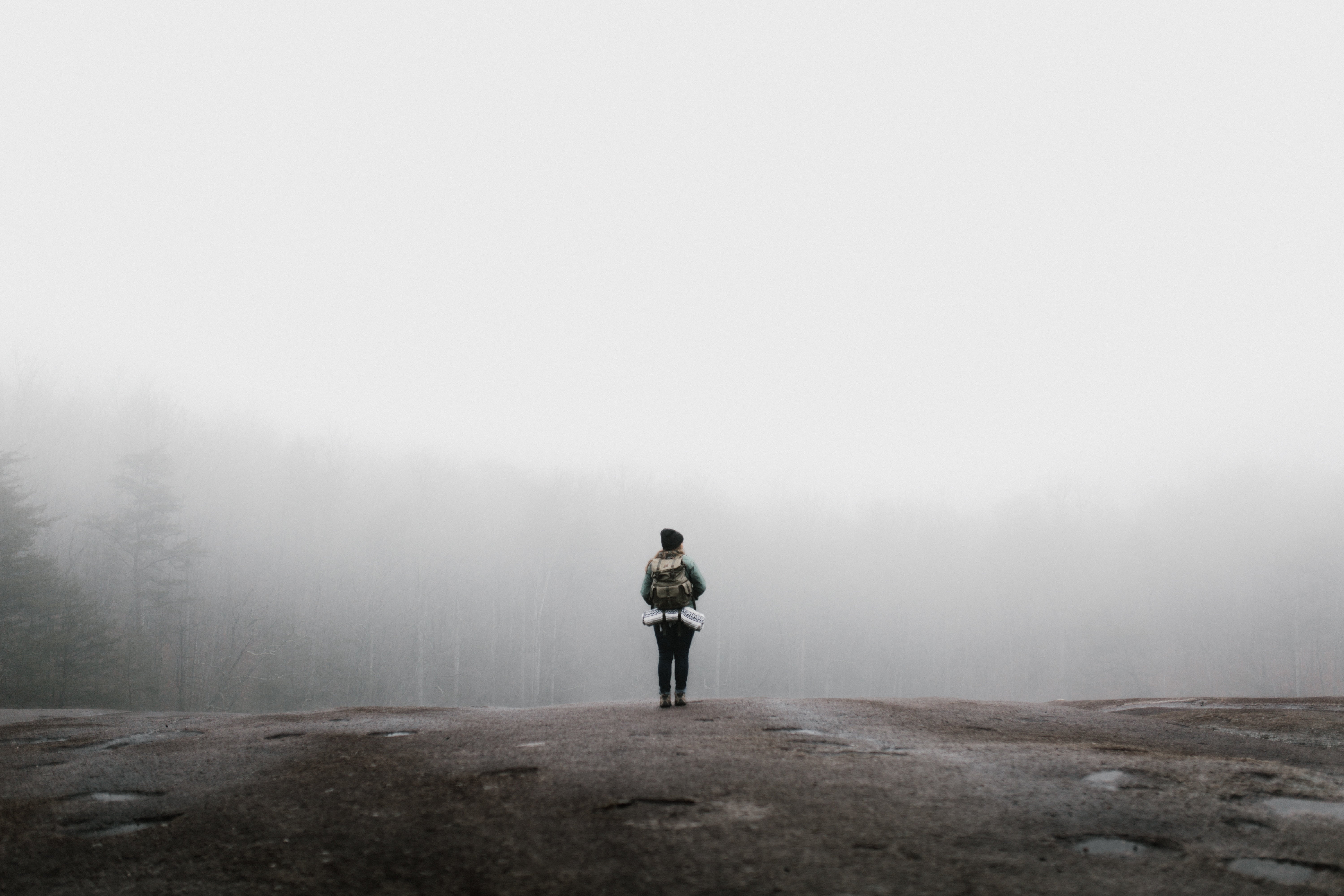 5K, beanie, solitude, mountain, scenics - nature, forest, full length, hazy, adventure, nature, woman, mist, one person, trip, sky, outdoors, clouds, back, HD Wallpaper