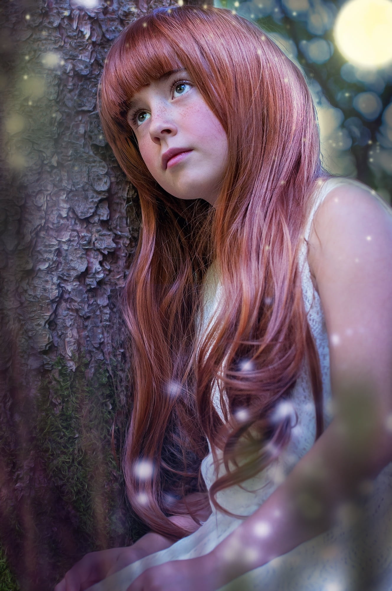 only women, tree, hair, real people, person, 1080P, women, sleeveless, contemplation, day, out, looking at camera, beauty, head, girl, forest, fantasy, Phone HD Wallpaper