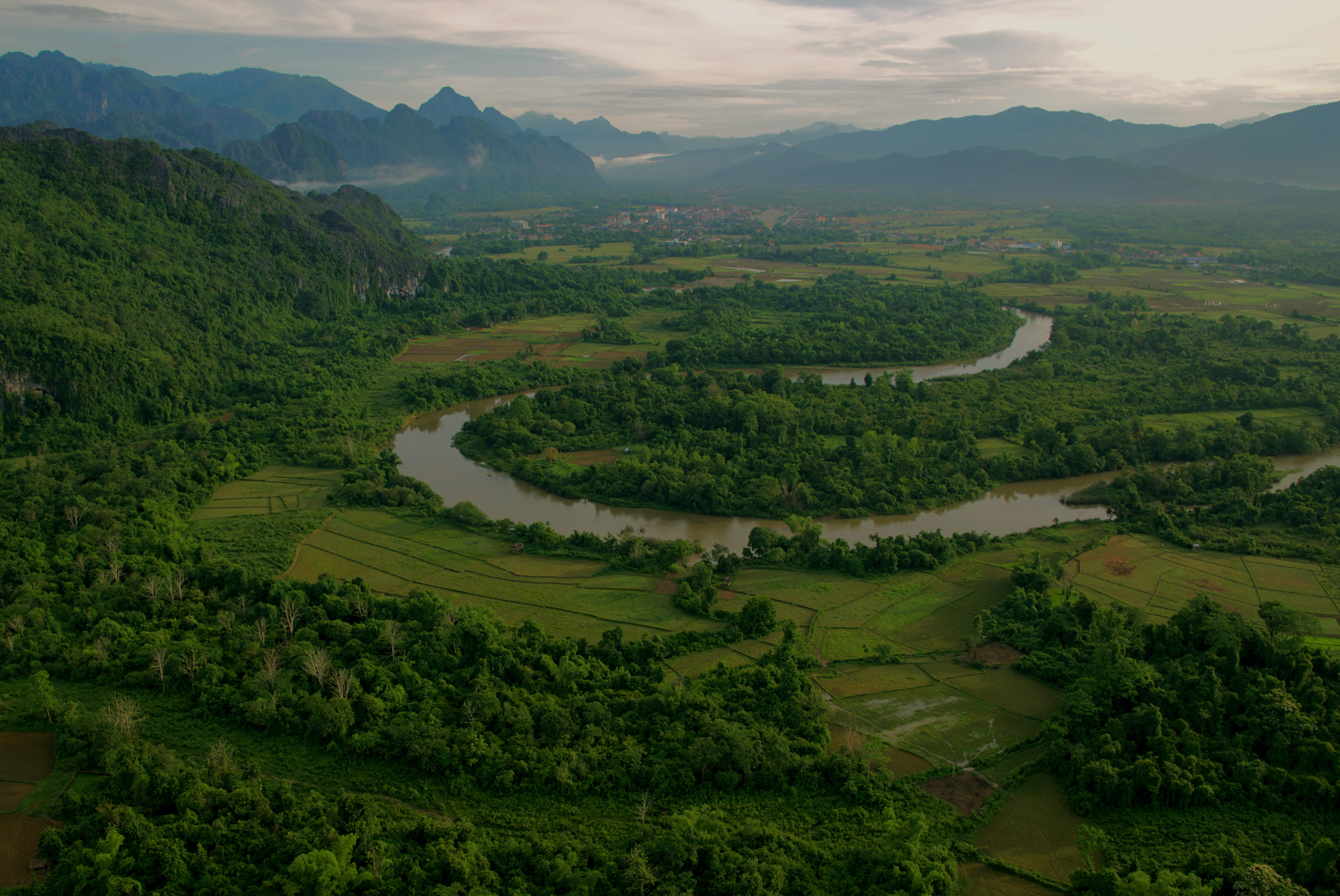 scenics - nature, natural, non-urban scene, vang vieng, cloud, 5K, contrast, green color, travel, idyllic, high angle view, tree, green, town, rice field, HD Wallpaper