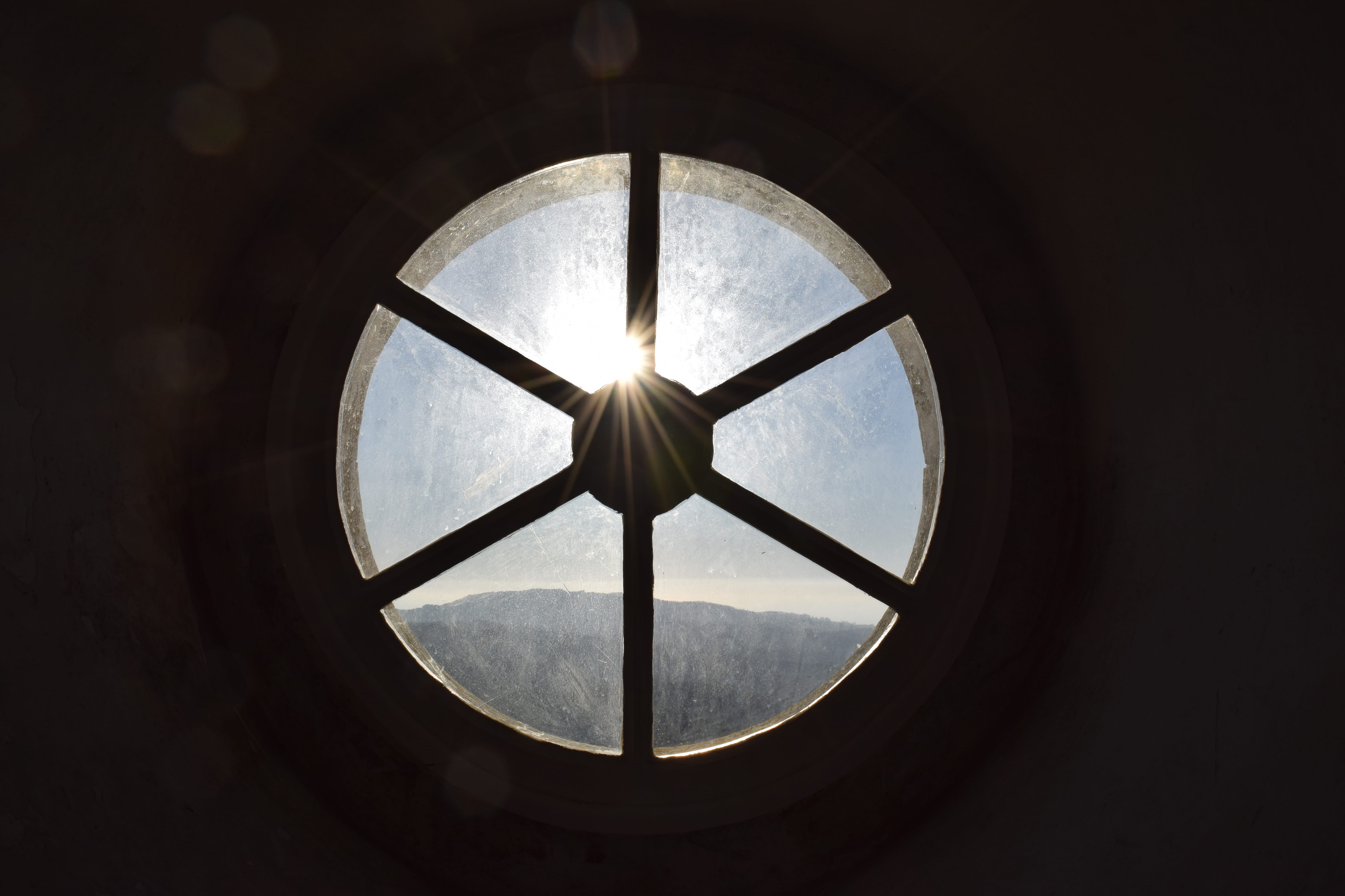 pattern, metal, mist, mountain, portugal, geometric shape, 5K, glass - material, sun, sunset, shape, light, colour, sunlight, design, circle, contrast, HD Wallpaper