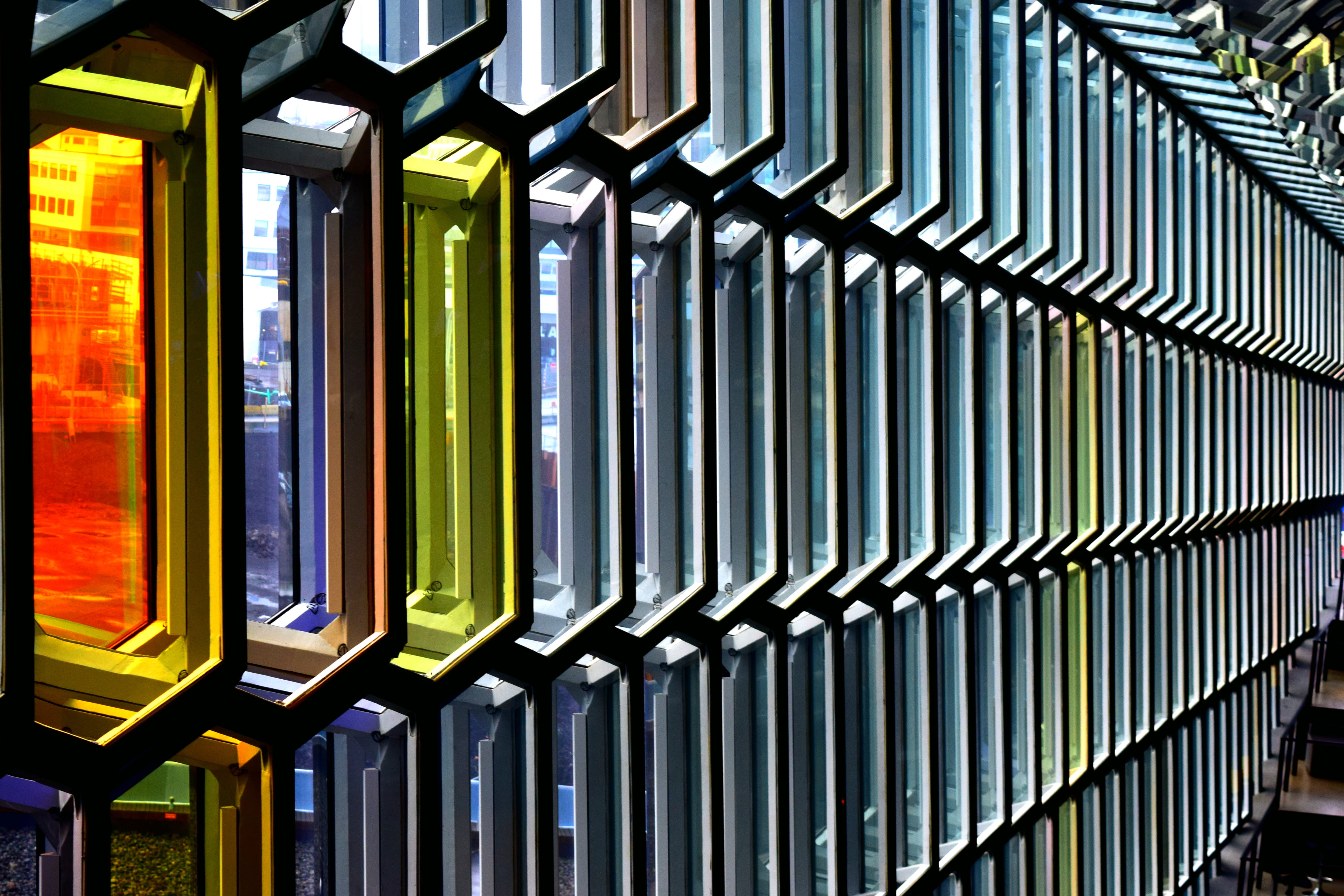 in a row, europe, urban, harpa, sunlight, music, rows, iceland, pattern, building, no people, indoors, natural, close-up, colour, minimal, minimalistic, HD Wallpaper