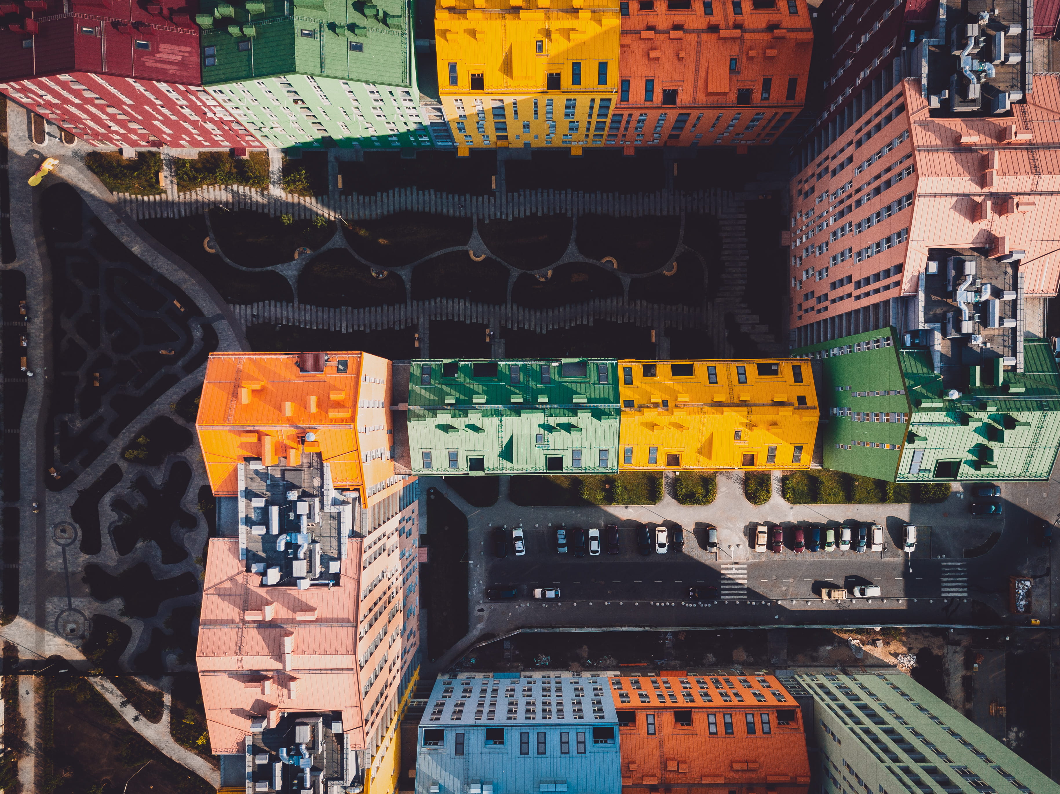 city, color, high rise, estate, aerial, colourful, rooftop, buildings, urban Skyline, city Life, apartment block, architecture, birds eye, 2K, aerial View, HD Wallpaper