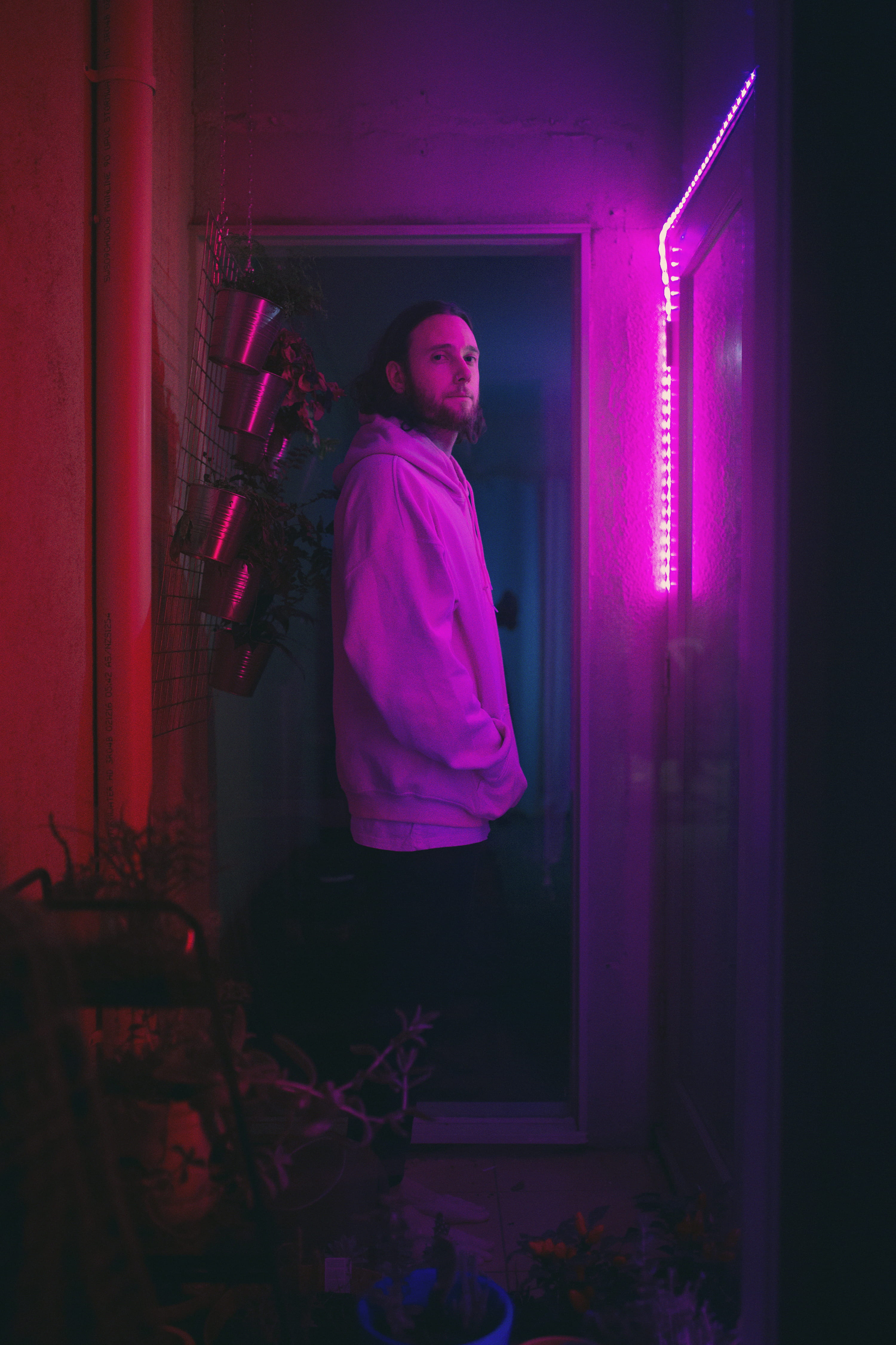 canon, blue, indoors, pink, neon, illuminated, building, home interior, standing, contrasting colour, vibe, 4K, pink color, neon colour, japan, boy, tokyo, Phone HD Wallpaper
