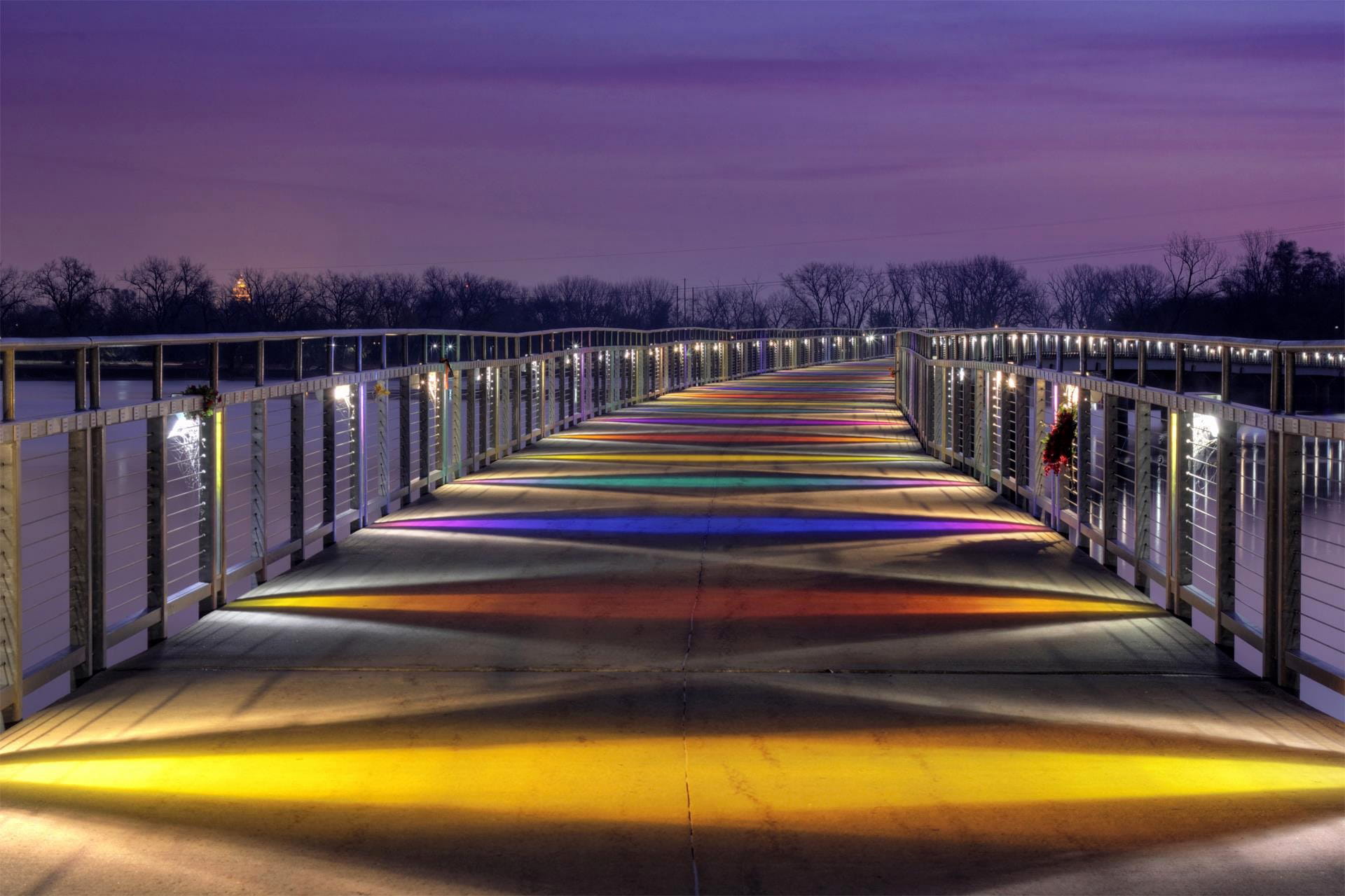 Iowa, up, boundary, direction, 1080P, public domain, the way forward, no people, purple, Bridge, barrier, iowa, lighted up, multi colored, landscape, Lake, HD Wallpaper