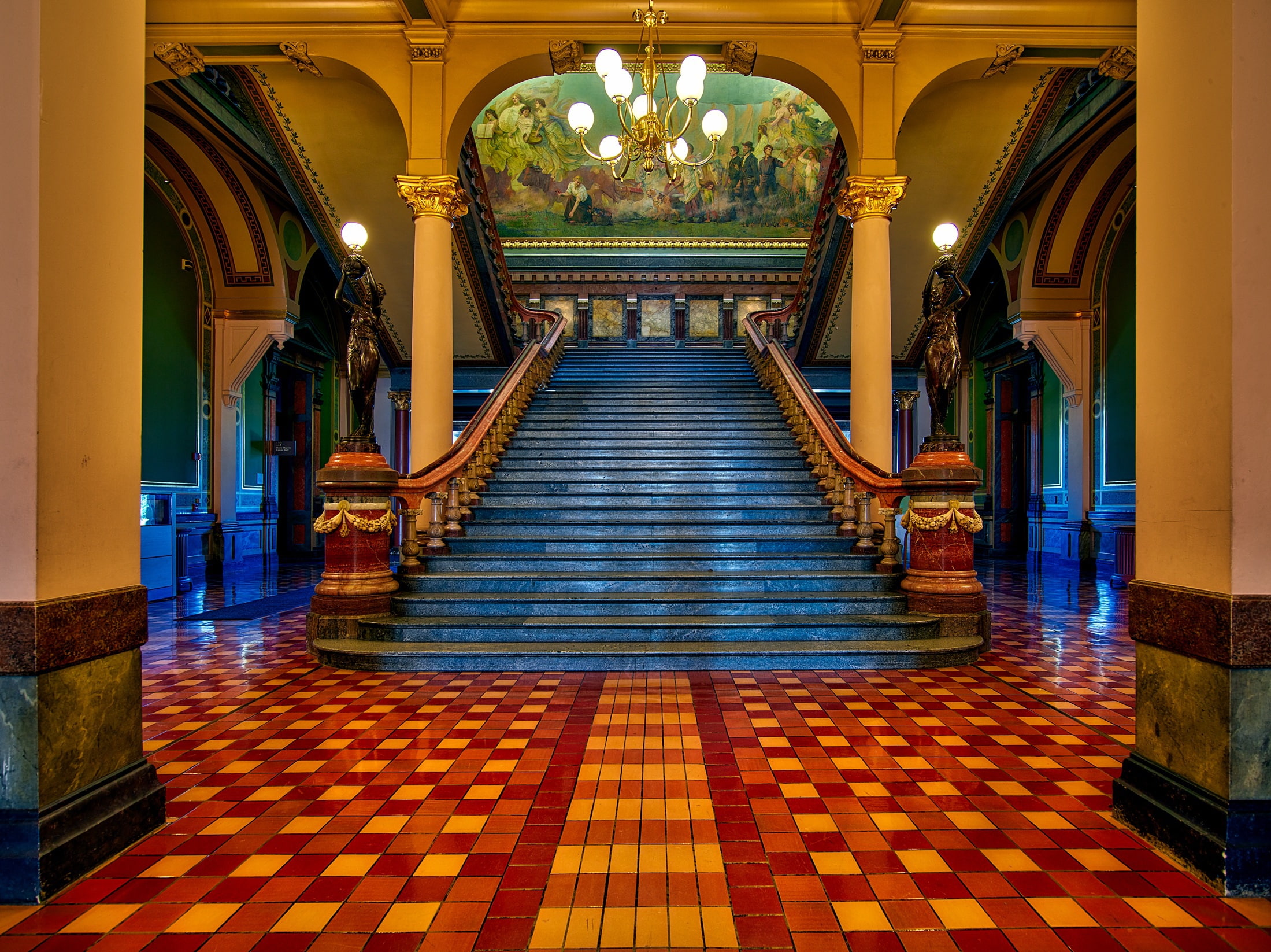 Iowa State Capitol, Iowa, stage, picture, Des Moines, railings, USA, columns, ladder, Capitol, statues, chandelier, 1080P, HD Wallpaper