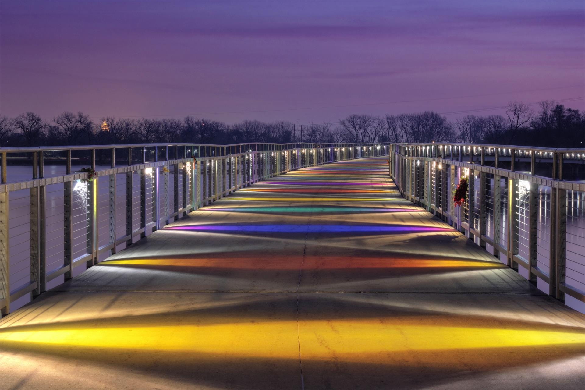fence, sunlight, light, purple, transportation, Des Moines, GreyS, barrier, railing, outdoors, plant, illuminated, footpath, evening, sky, speed, direction, HD Wallpaper