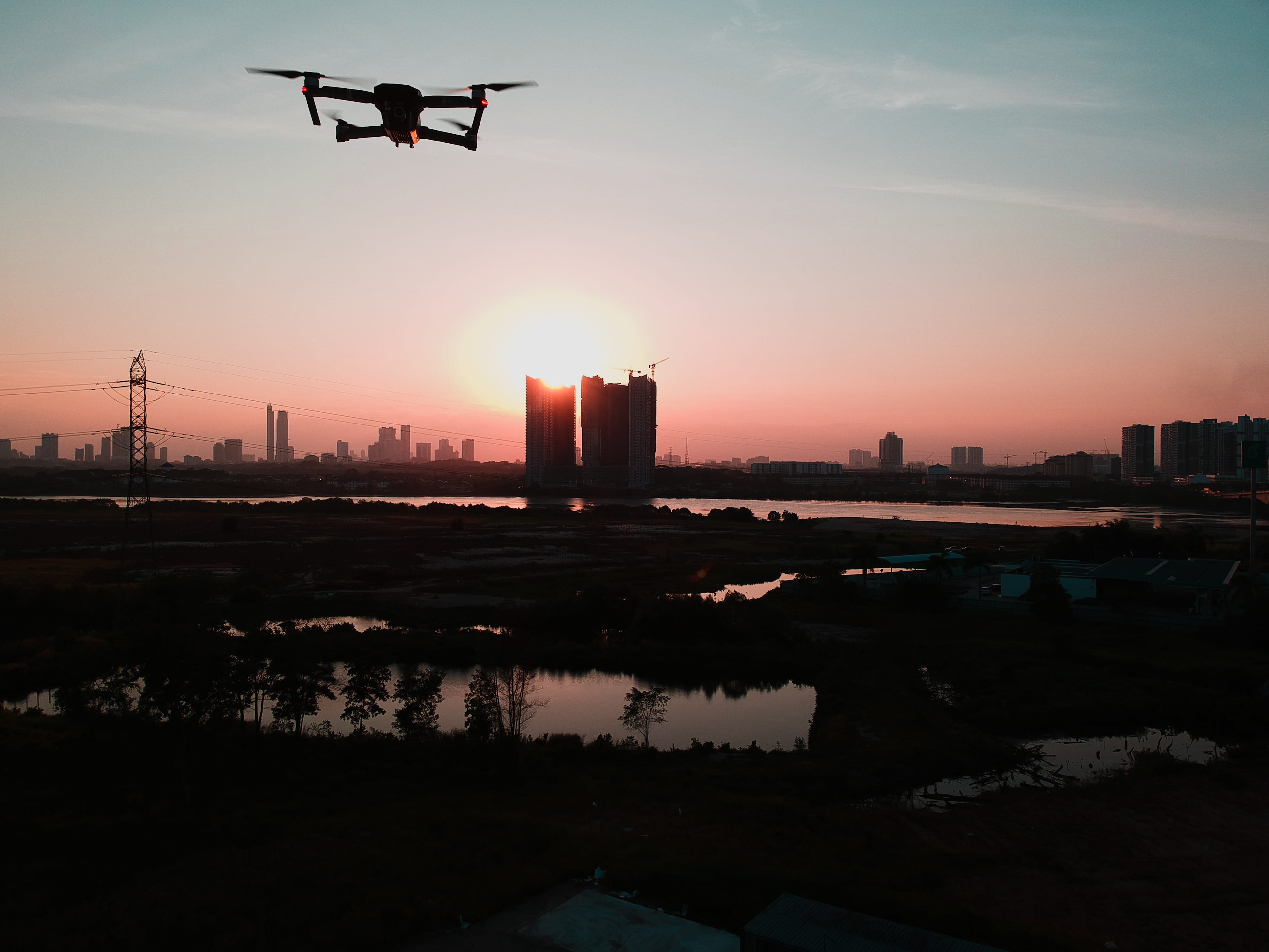 sunset time, reflection, johor, air vehicle, sun, gopro, silhouette, 4K, building, transportation, nature, city, bird, outdoors, office building exterior, HD Wallpaper
