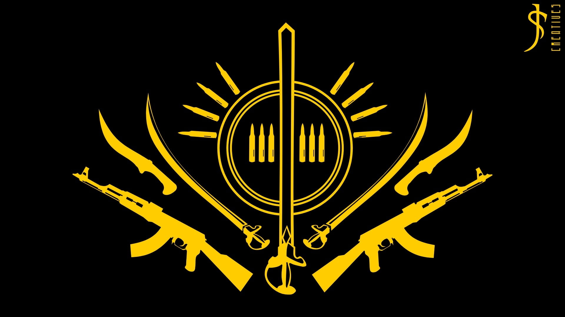 studio shot, black background, sign, illuminated, indoors, lighting equipment, shape, gold, 1080P, weapon, communication, gold colored, logo, no people, HD Wallpaper