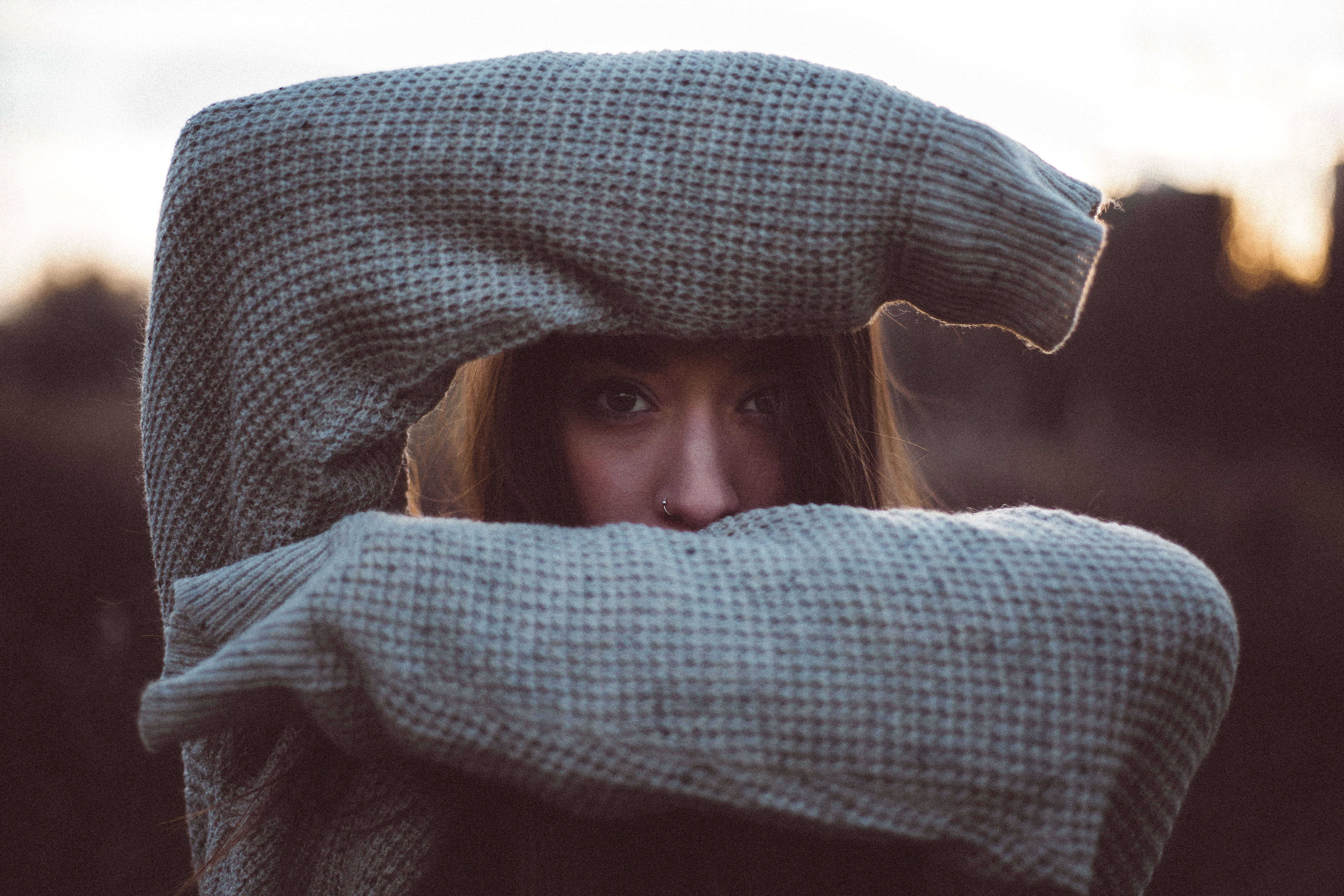 5K, front view, sadness, knitwear, clothing, jumper, serious, photography, arms, portrait, hiding, one person, looking at camera, child, hat, face, shallow, HD Wallpaper