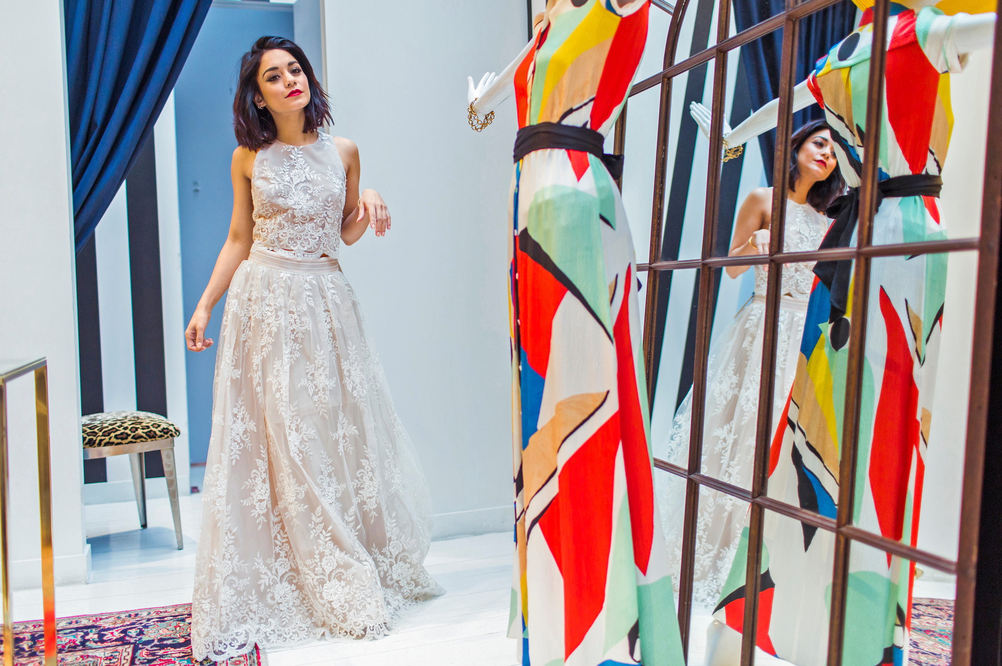 dummy, brunette, 1080P, 2015, dress, Bryan Derballa, reflection, newspaper, in white, The New York Times, Vanessa Anne Hudgens, photoshoot, mirror, actress, HD Wallpaper
