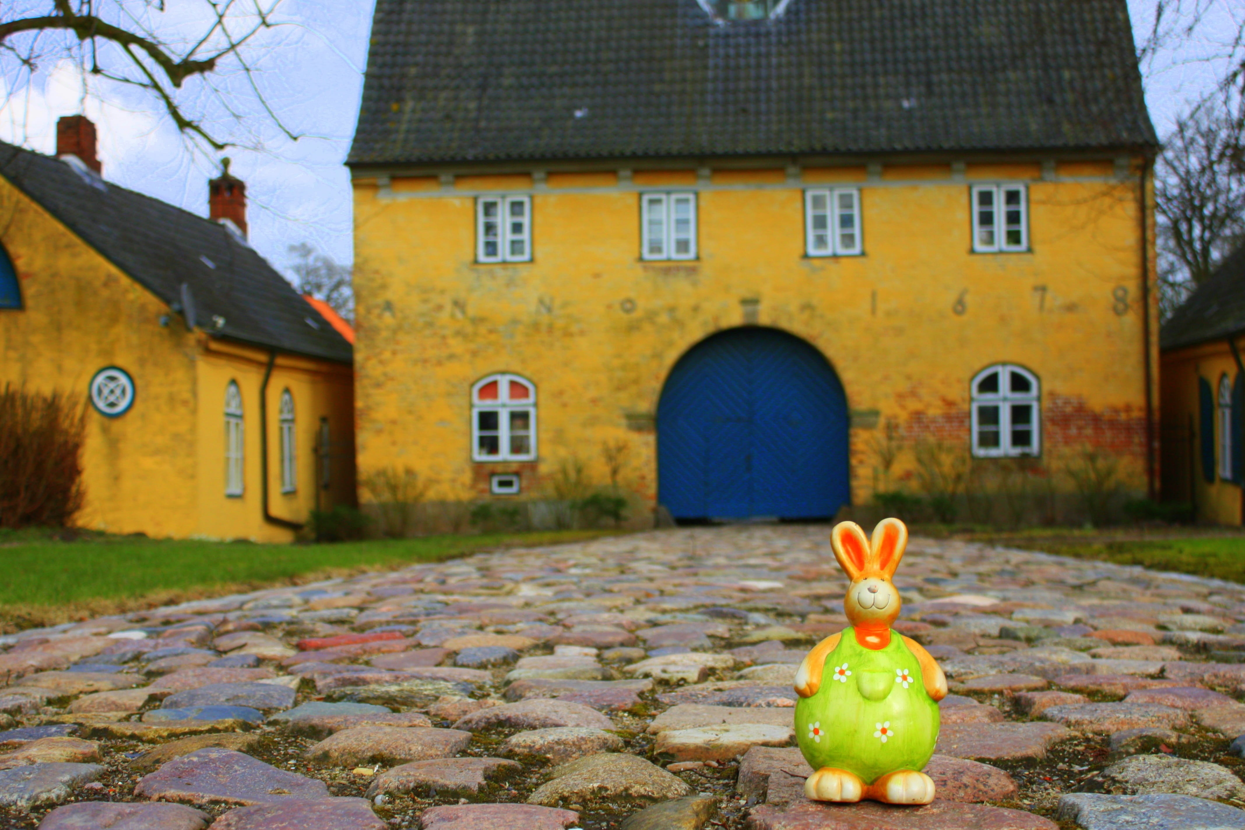4K, Happy Easter, greeting card, representation, egg hunt, outdoors, hare, window, day, residential district, house, laying eggs, spring, built structure, HD Wallpaper