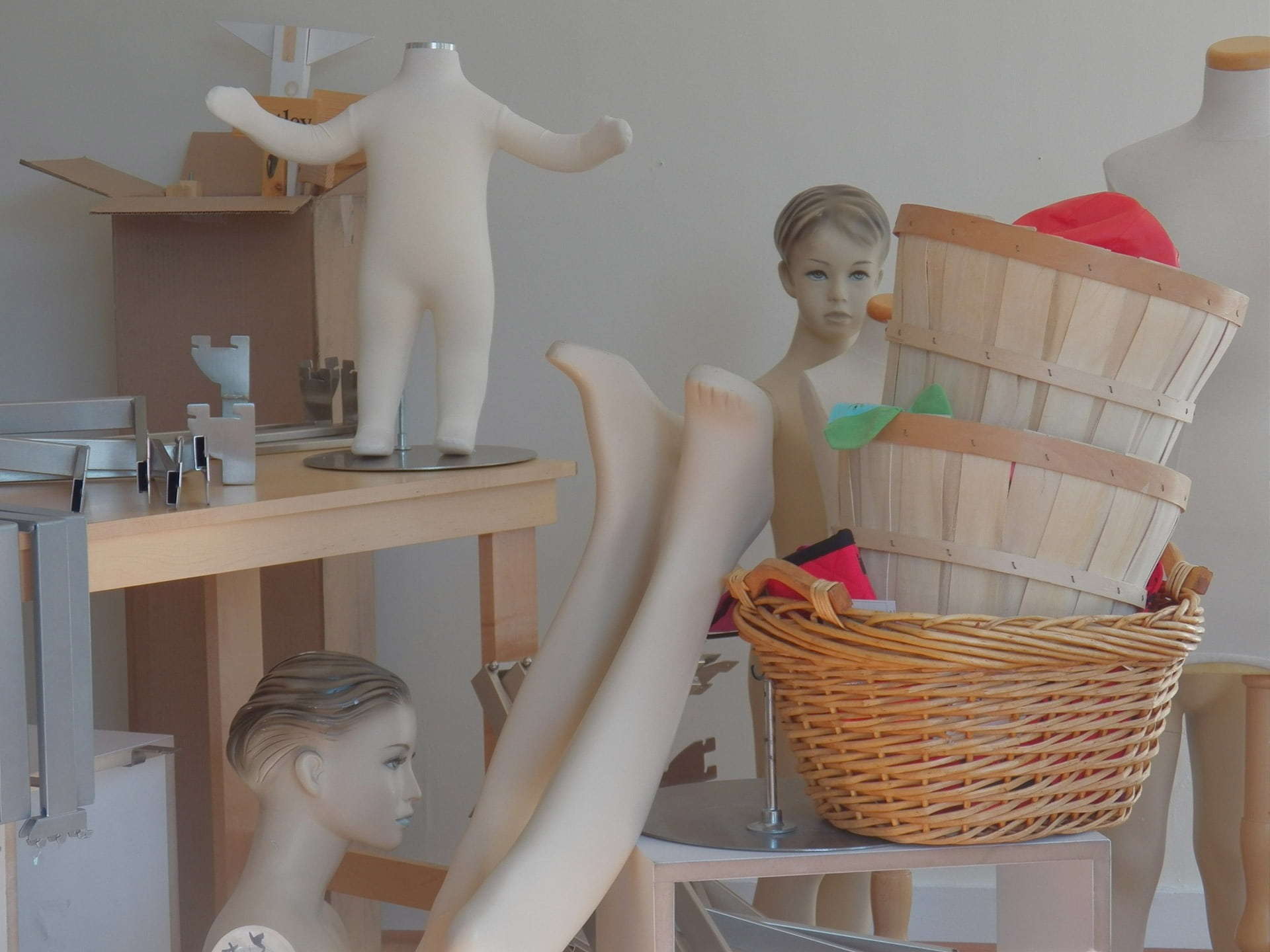 art and craft, fashion, dummies, female likeness, human representation, head, body, legs, representation, shelf, no people, body parts, container, craft, HD Wallpaper