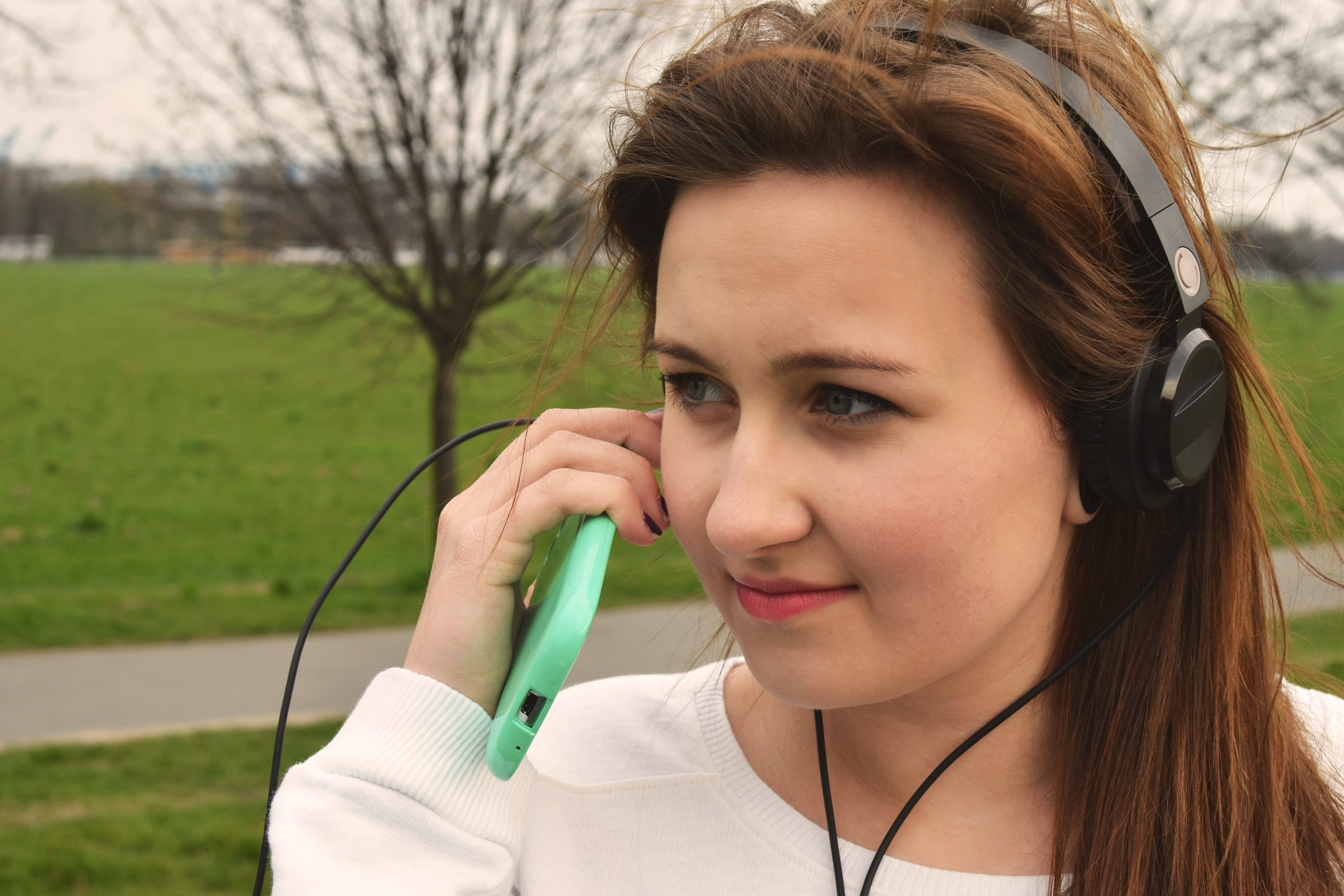 woman, person, bare, brown hair, smartphone, beautiful woman, technology, headphones, hand, wearing, one person, leisure activity, women, hairstyle, 4K, HD Wallpaper