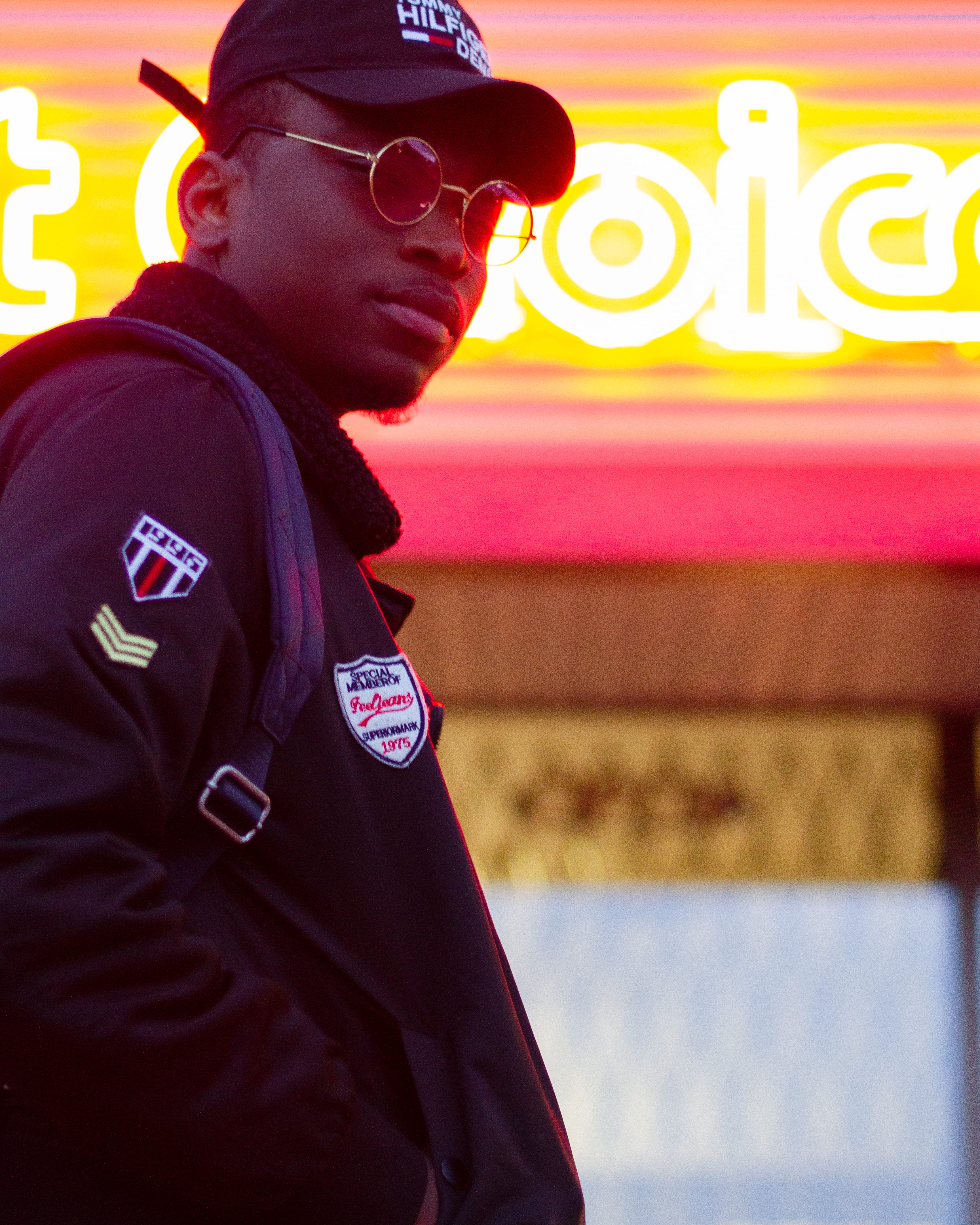 glasses, people, 4K, night photography, calgary, signboard, standing, safety, designer brand, jacket, looking, canada, clothing, black, night time, uniform, Phone HD Wallpaper