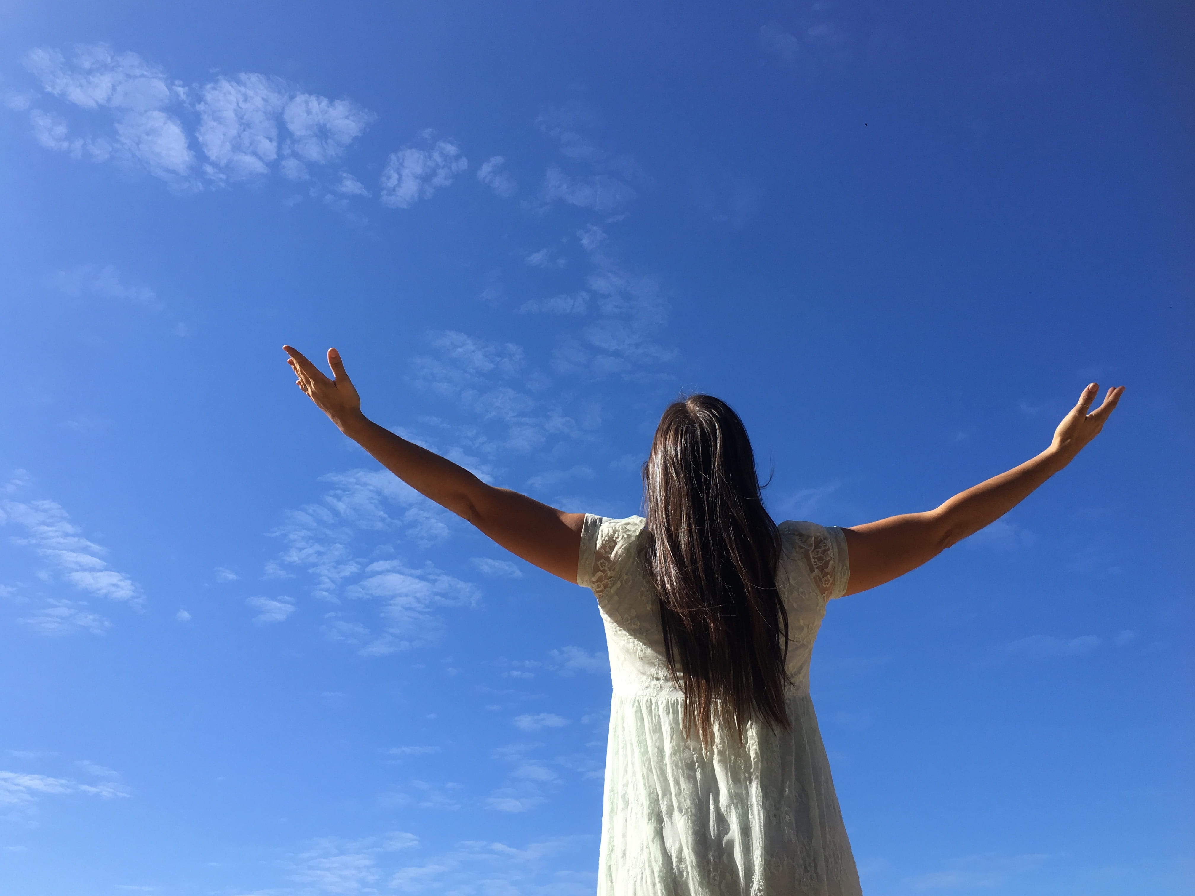 real people, one person, day, beach, women, three quarter length, arms outstretched, photo, adult, nature, sky, cloud - sky, mar, rear view, girl, hair, HD Wallpaper