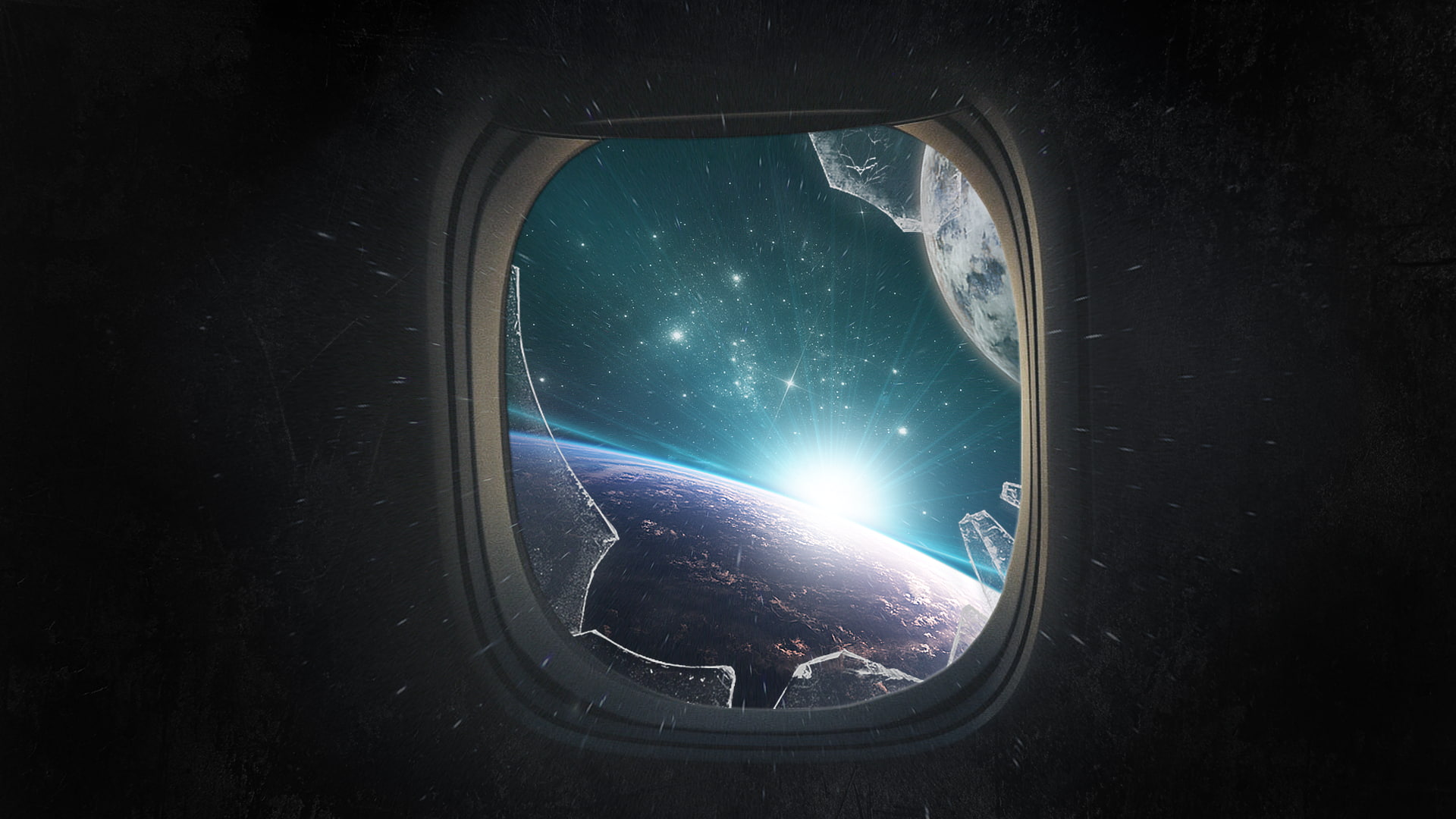 glowing, space art, window, 1080P, broken glass, HD Wallpaper