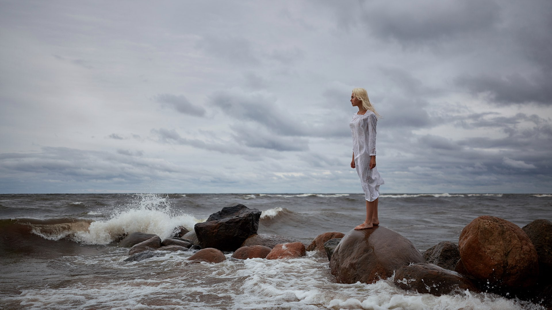 model, white dress, women outdoors, 1080P, Russian women, rock, Russian Model, women, blonde, Chill Out, sky, clouds, landscape, wind, looking into the distance, HD Wallpaper