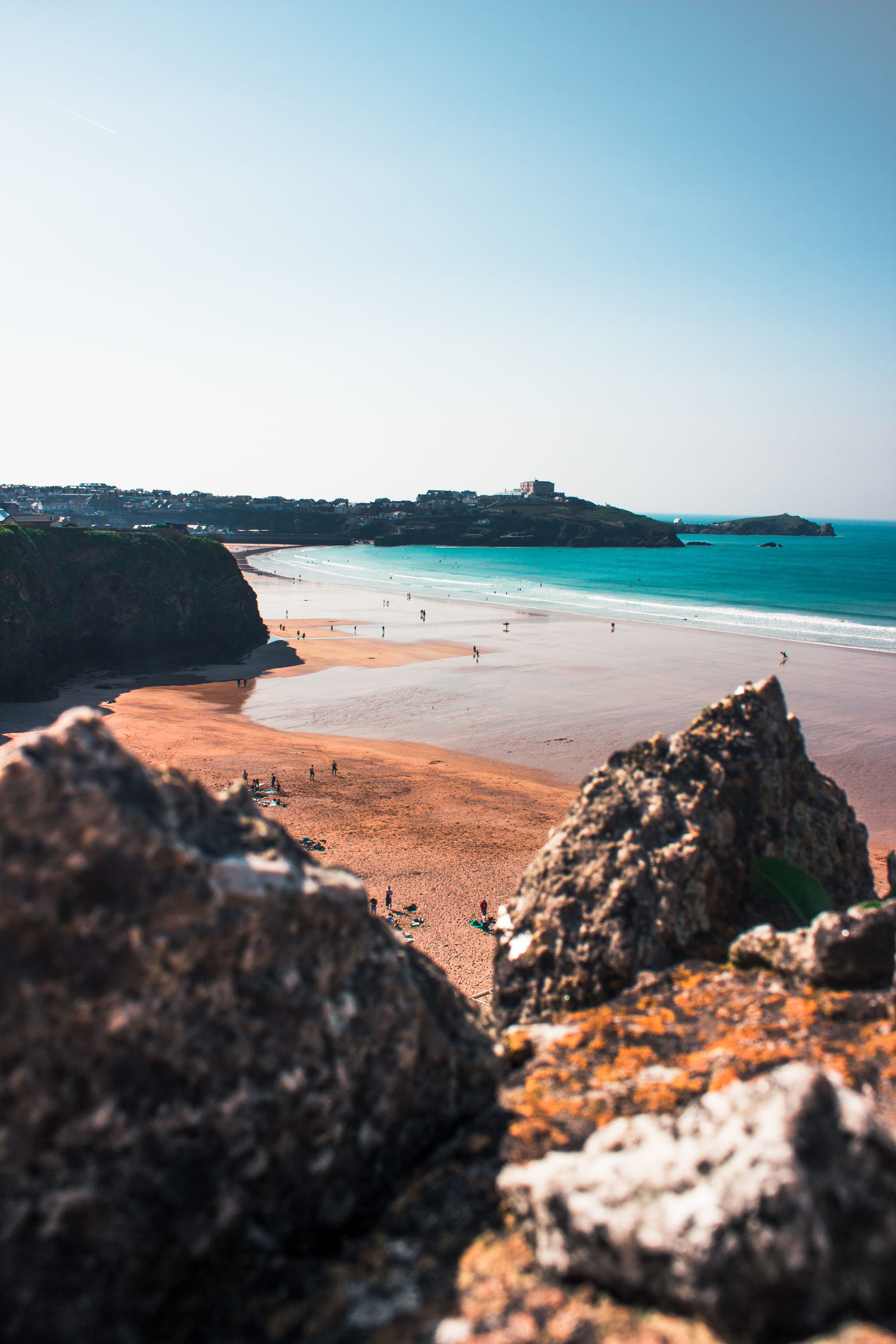 formation, nature, sand, solid, waves, looking down, sky, newquay, beach, summer, rock - object, rocks, coastal, rock, land, tranquil scene, ocean, day, Phone HD Wallpaper