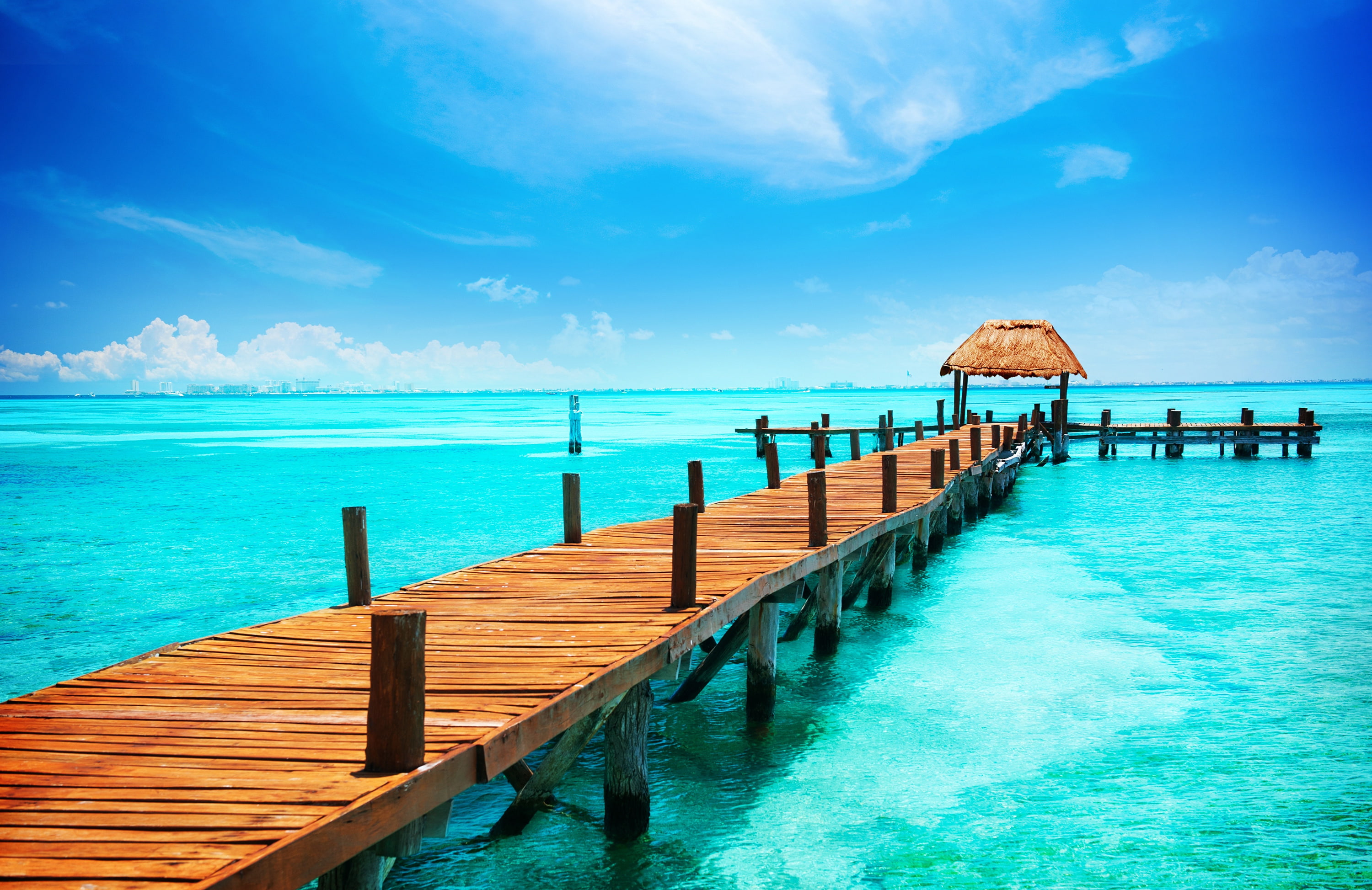 Sunny day, Wooden, Ocean, Pier, Dock, Blue sky, 2K, HD Wallpaper
