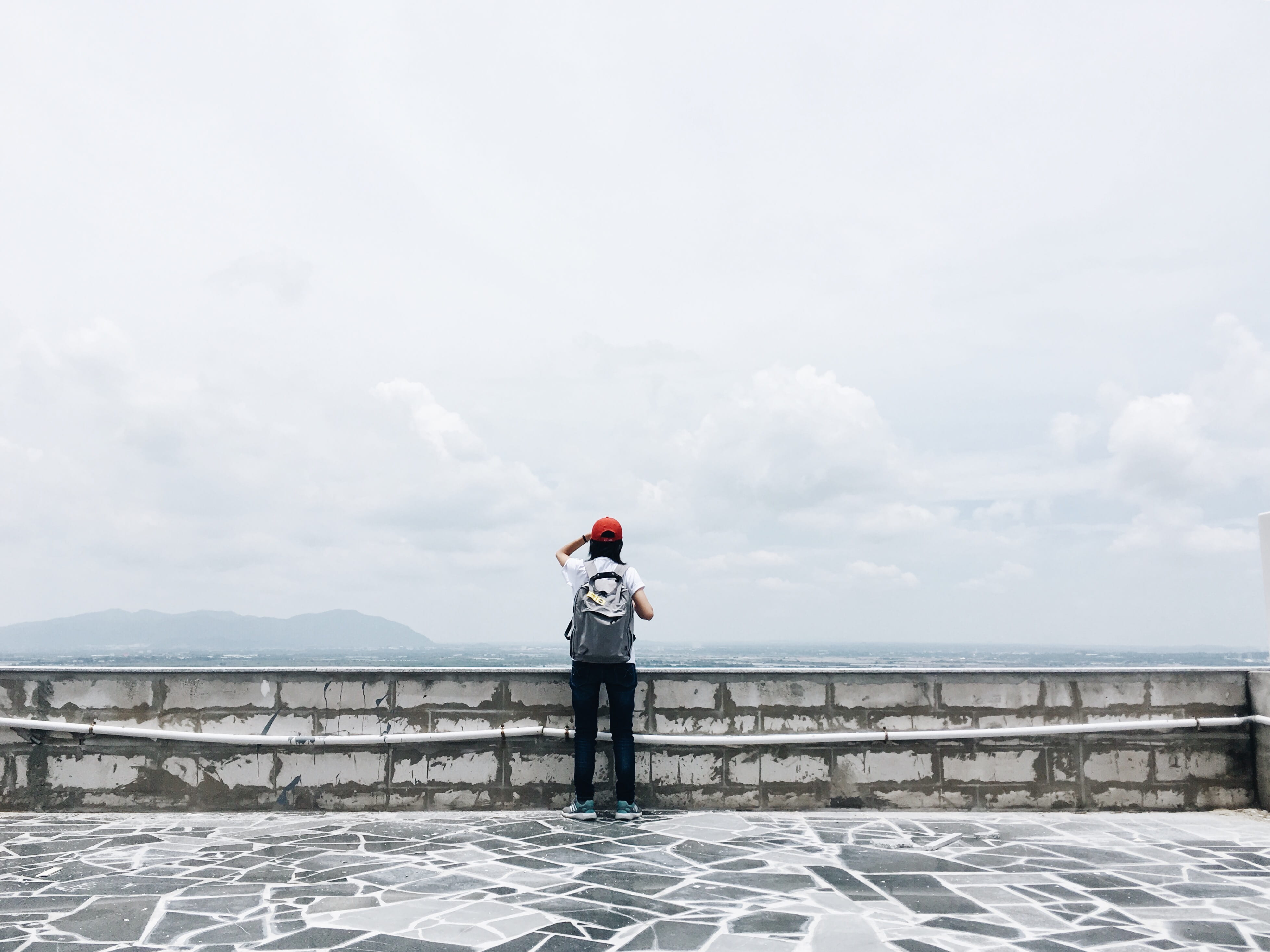 sky, solitude, adult, landscape, traveler, people, lake, water, from behind, leisure activity, weather, pier, wall, grey, beauty in nature, man, backpacker, HD Wallpaper