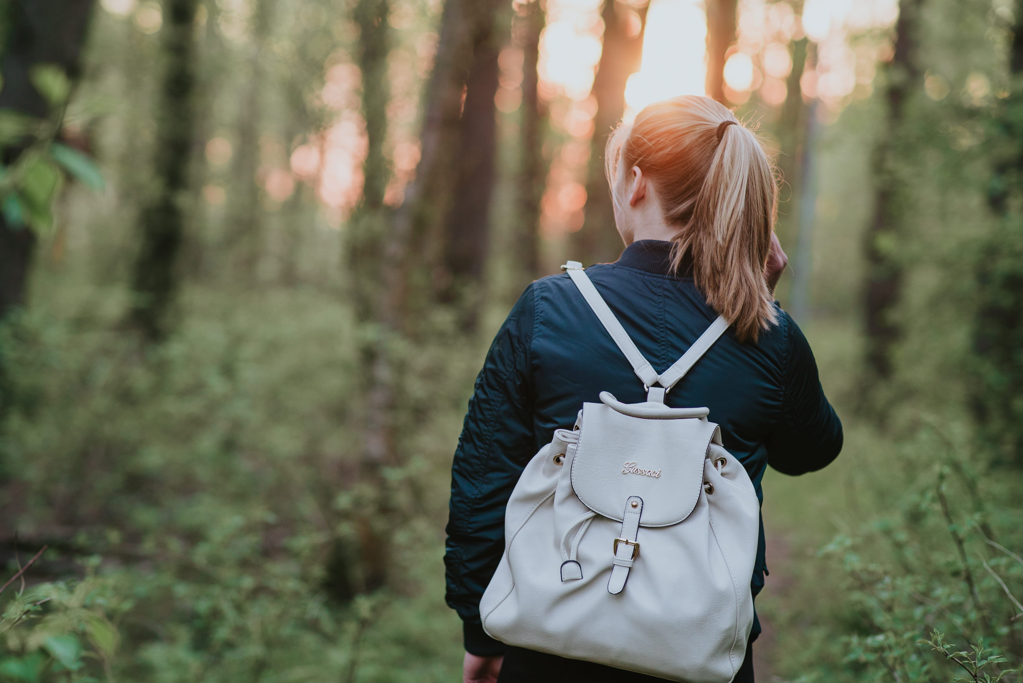 walk, plant, backpack, forest, explore, white, back, surrounded, lifestyles, wood, outdoors, person, daytime, hair, bag, walking, adult, one person, 4K, HD Wallpaper