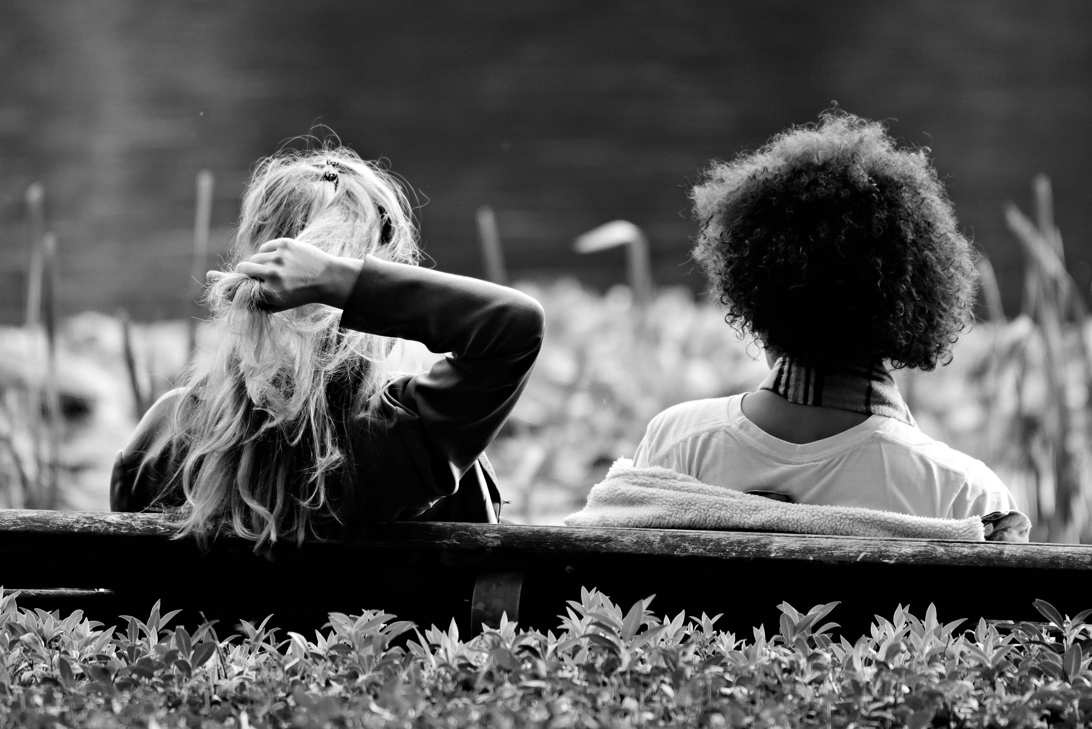 nature, females, brunette, adult, leisure activity, arm, 2K, young adult, focus on foreground, plant, casual clothing, bench, outdoors, togetherness, day, HD Wallpaper